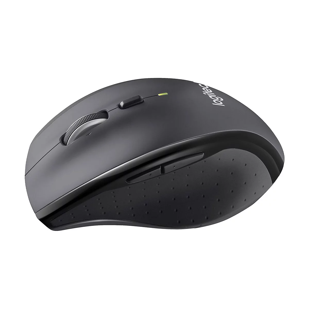 Drahtlose, schwarze Logitech-Maus, Ansicht von oben, mit Scrollrad, Tasten und Firmenlogo.