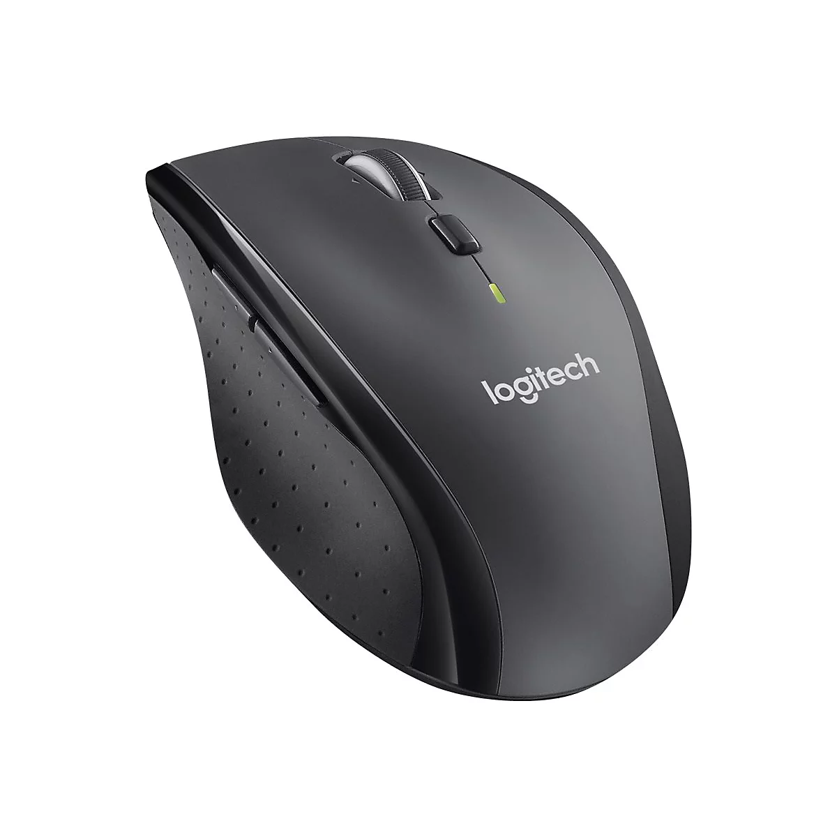 Drahtlose Logitech-Maus in Grau. Scrollrad und Logo sichtbar.