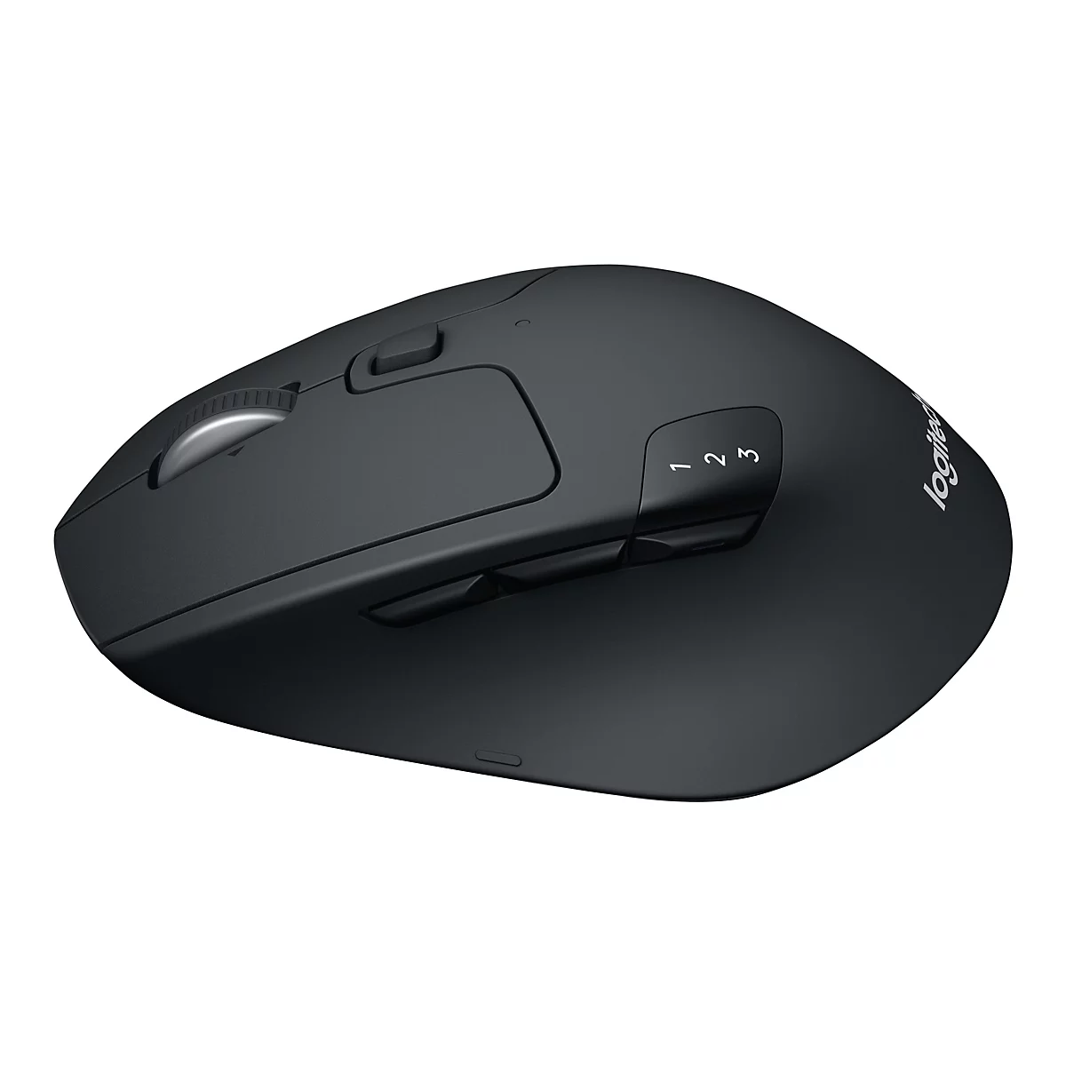 Schwarze Logitech-Maus, Ansicht schräg von oben. Mit Scrollrad, Seitentasten und drei Tasten mit den Nummern 1, 2, 3.