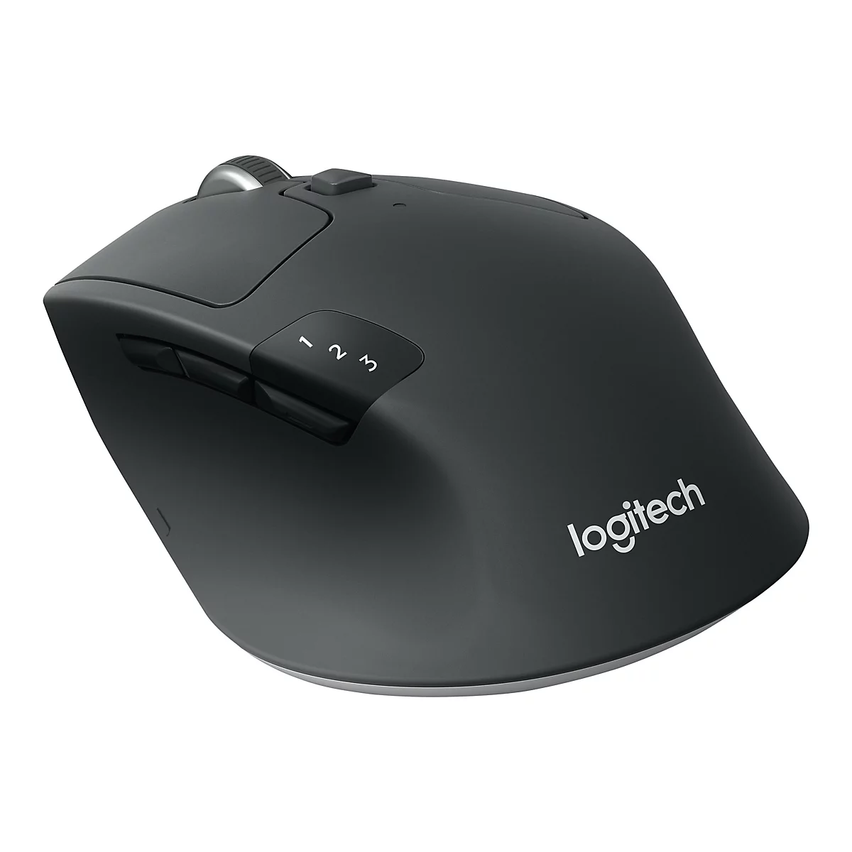 Schwarze, ergonomisch geformte Computermaus mit seitlichen Tasten und Scrollrad. Auf der Maus steht "Logitech".