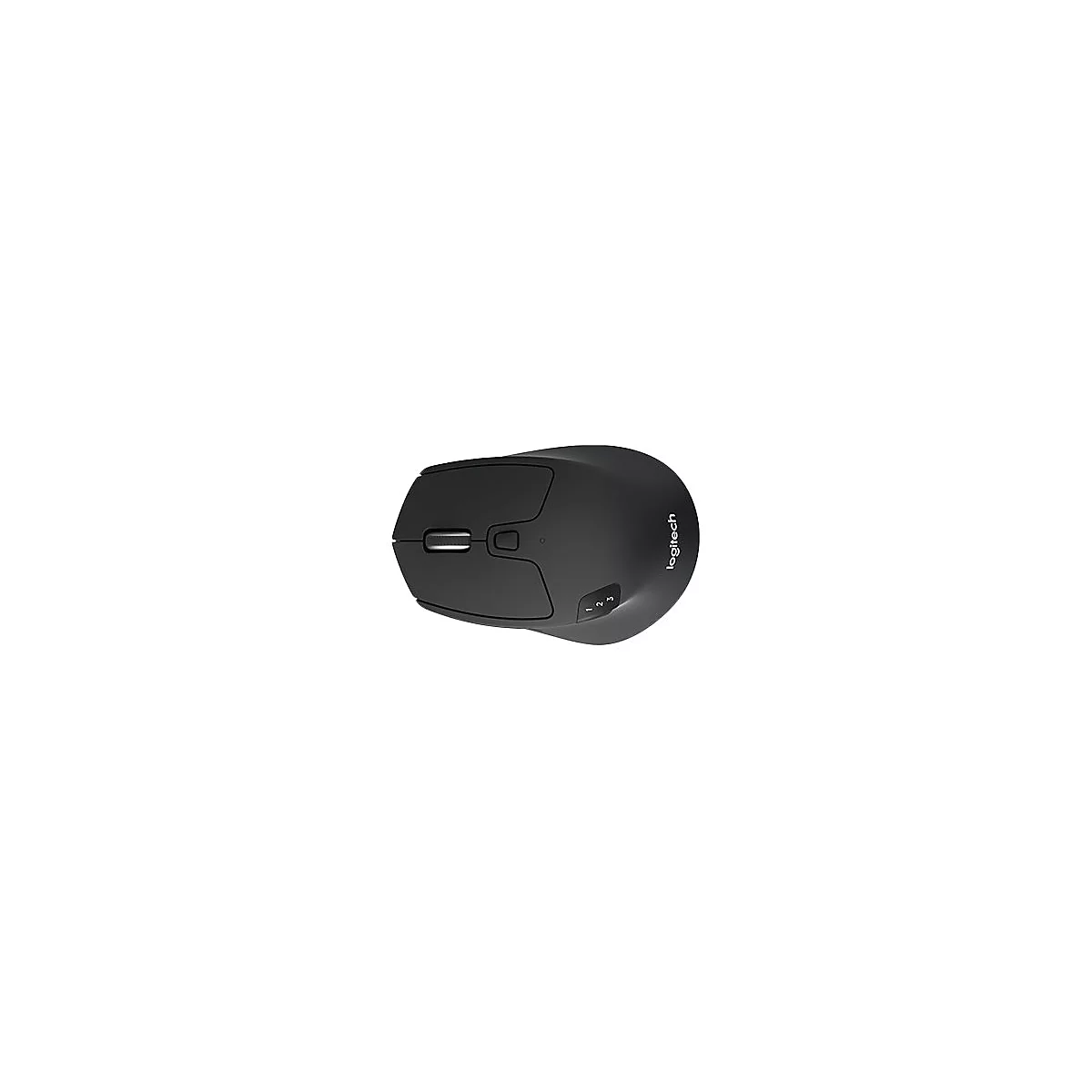 Draufsicht einer schwarzen Logitech-Maus mit den Tasten 1, 2, 3 und dem Logitech-Schriftzug.