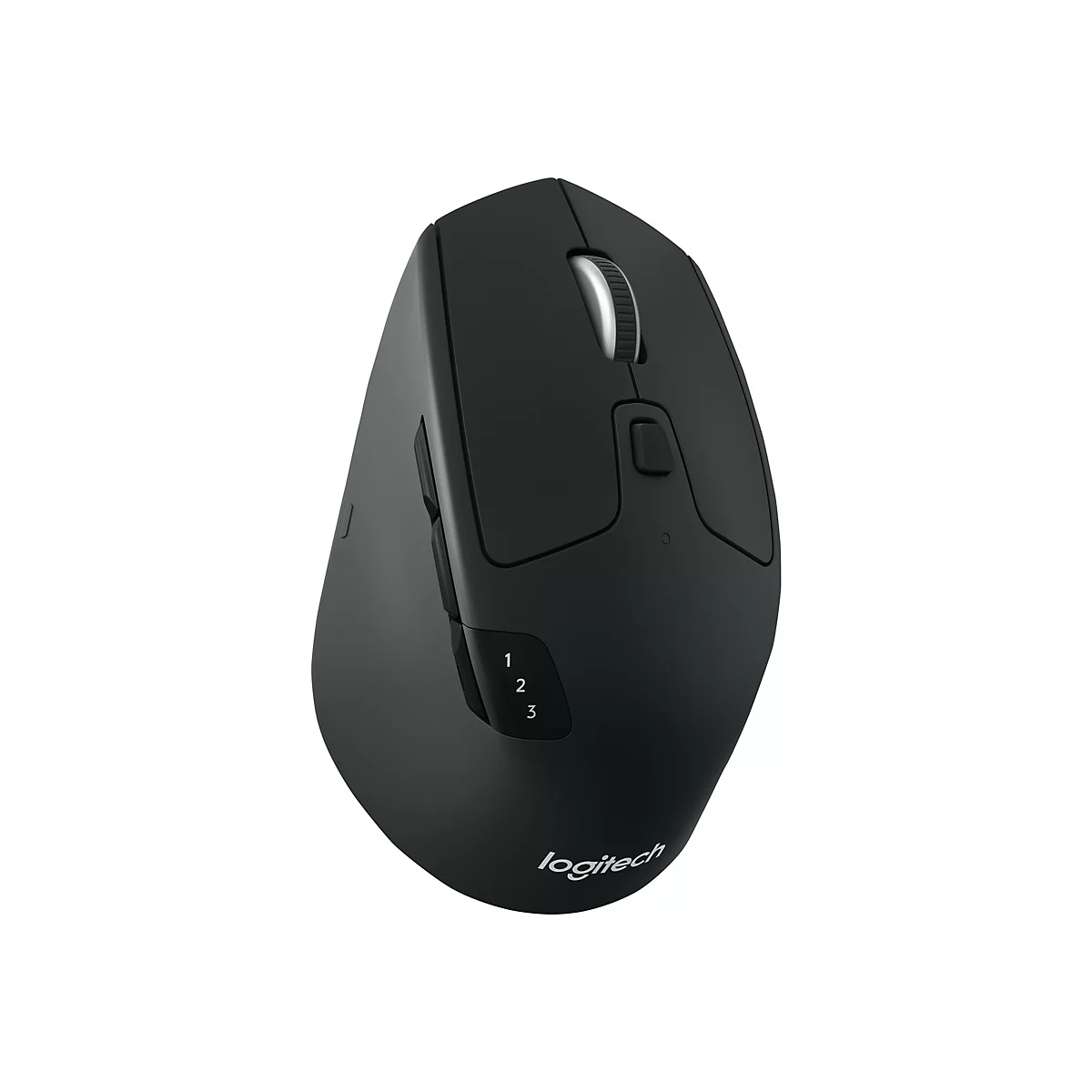 Schwarze Logitech-Maus, von oben betrachtet, auf weißem Hintergrund. Mit Scrollrad, Seitentasten und Logitech-Logo.