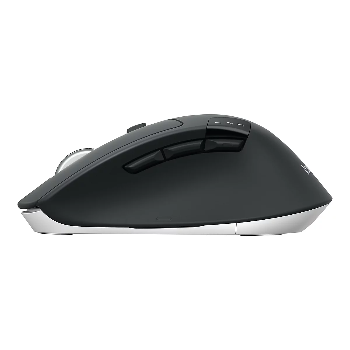 Draufsicht auf eine kabellose, ergonomische Maus in Schwarz und Silber. Auf der Oberseite befinden sich Tasten mit den Zahlen 1, 2 und 3.