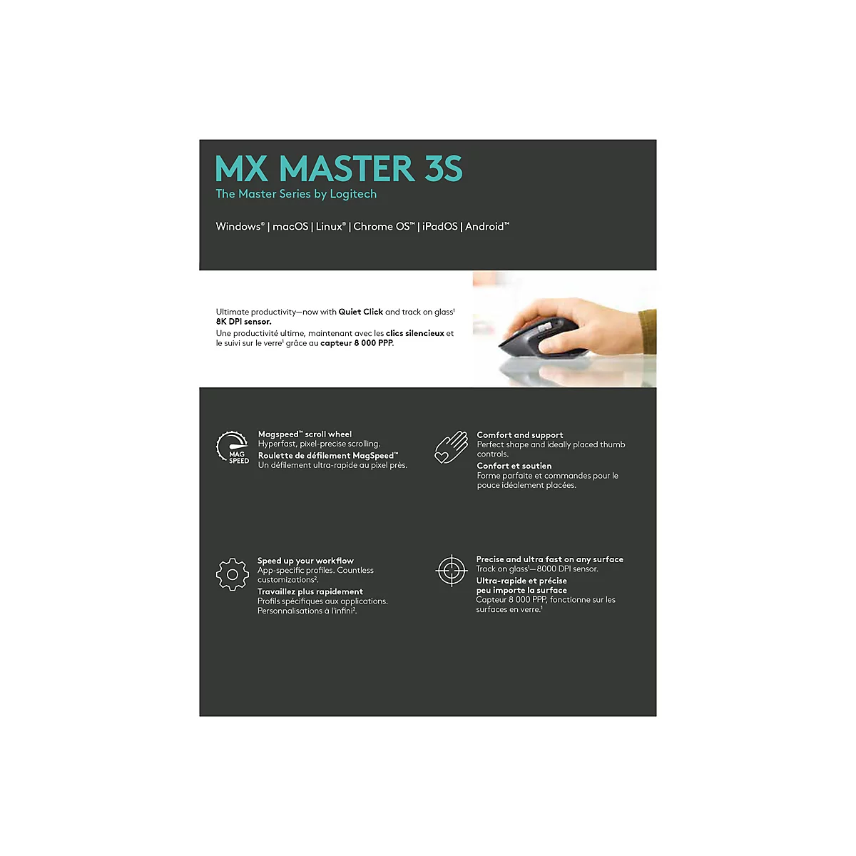 Logitech Master Series MX Master 3S - Maus - ergonomisch - optisch - 7 Tasten - kabellos