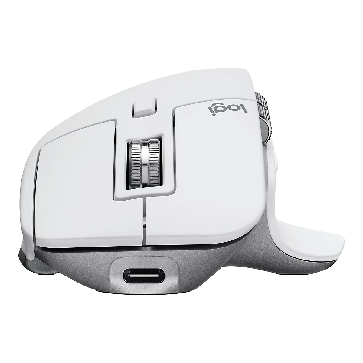 Drahtlose, weiÃŸe Maus von Logitech, von der Seite gesehen.