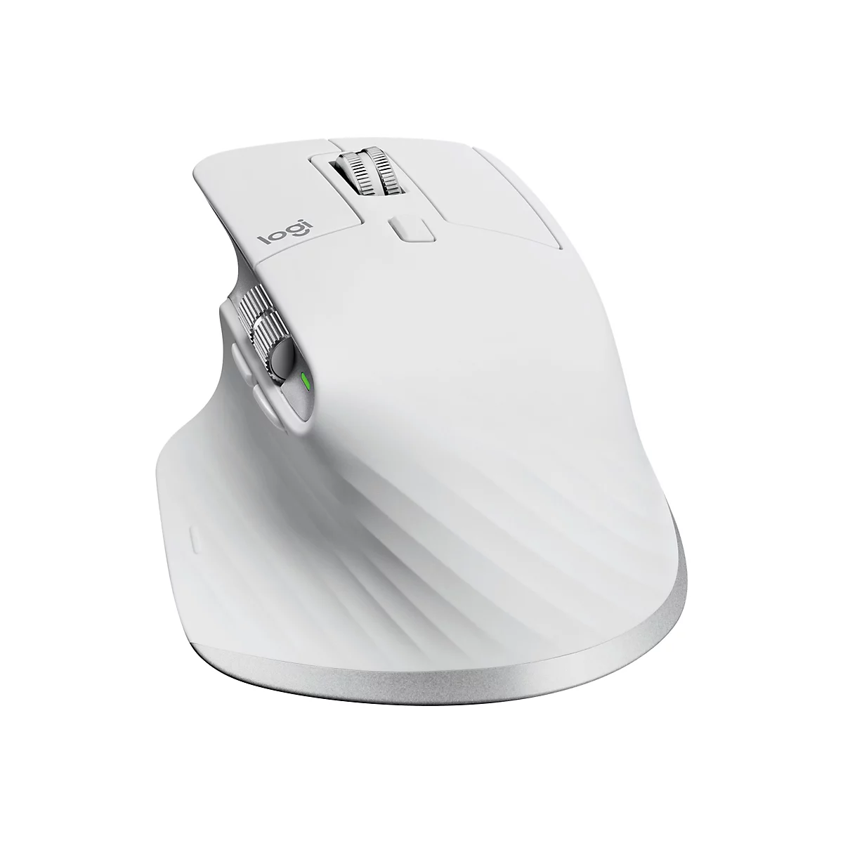 Weisse kabellose Maus von Logitech mit seitlichen und oberen Bedienelementen, wellenfÃ¶rmige OberflÃ¤che.