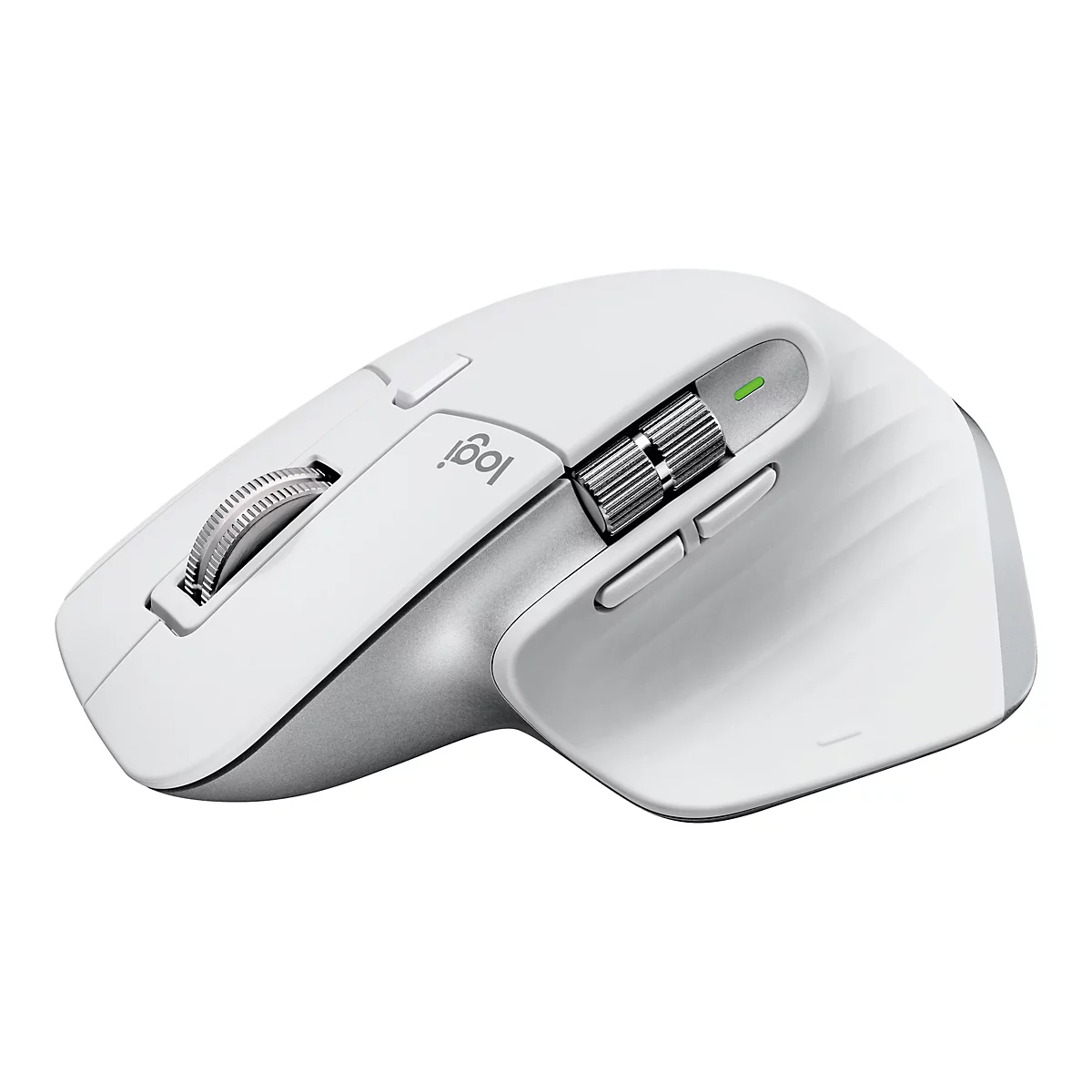 Weisse kabellose Maus mit Logo 'Logi' und mehreren Tasten und Scrollrad.