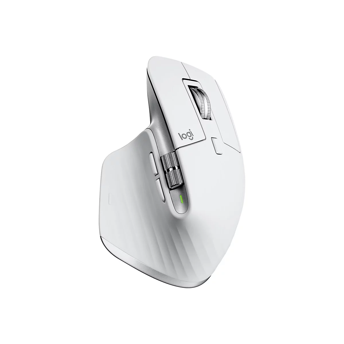 Weisse Logitech-Maus. Drei Tasten seitlich, Scrollrad, grÃ¼n leuchtende LED.