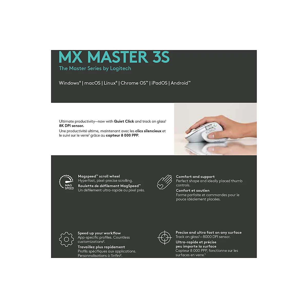 Produktwerbung fÃ¼r eine weiÃŸe Logitech MX Master 3S Maus. Auf der Werbekarte sind Produktmerkmale und die Hand einer Person zu sehen, die die Maus benutzt.