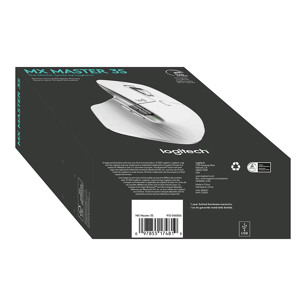 Eine weiÃŸe Logitech MX Master 3S Maus auf der Verpackung. Aufdrucke: MX Master 3S und Logitech-Logo.