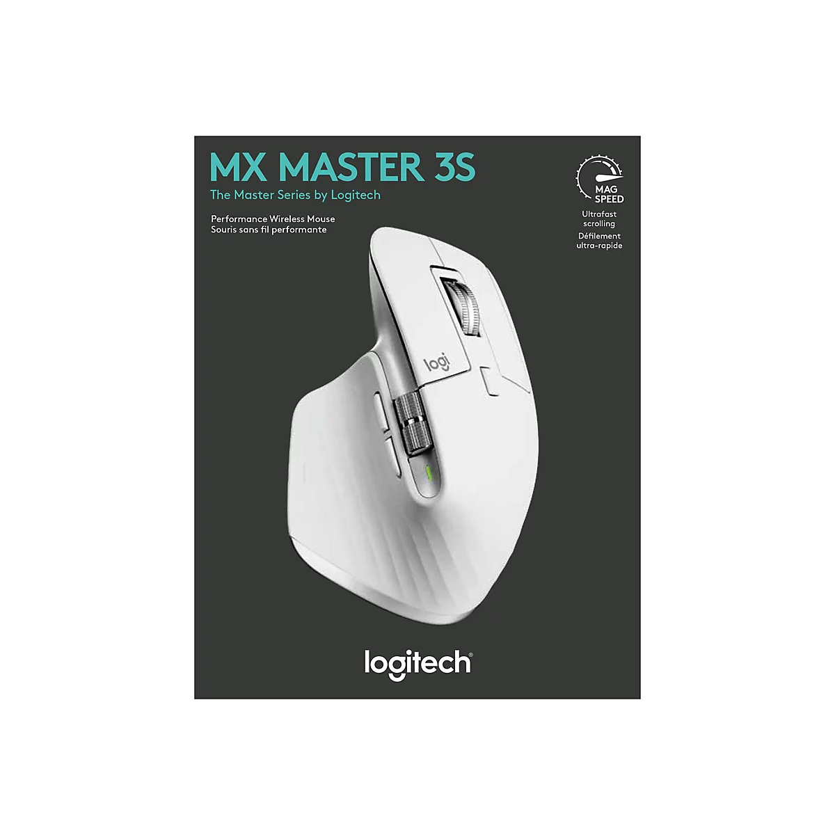 Drahtlose Logitech MX Master 3S Maus, weiÃŸ, auf grauen Hintergrund. Text: MX Master 3S, Logitech.
