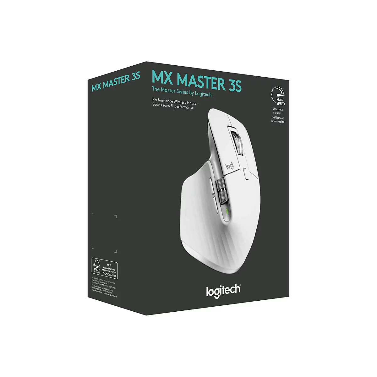 Weisse Logitech MX Master 3S Maus in Box. Aufschrift: MX Master 3S.
