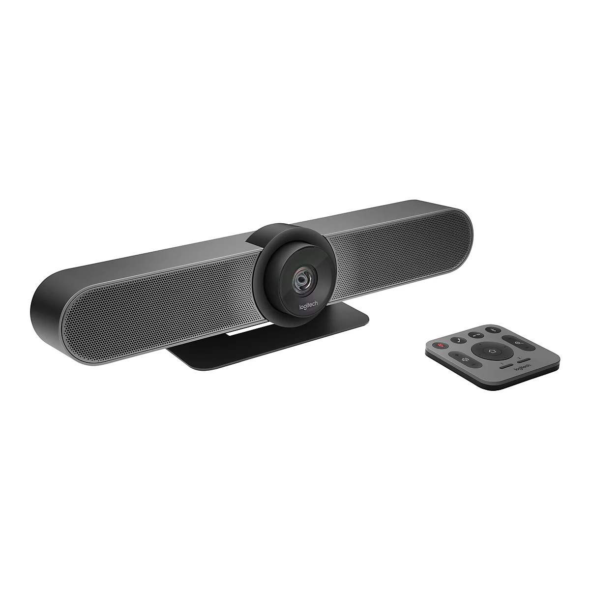 Ein graues Logitech-Videokonferenzsystem mit einer integrierten Kamera und einer Fernbedienung. Das System hat ein längliches, schwarzes Design mit Lautsprecherlöchern. Die Fernbedienung ist grau mit verschiedenen Tasten.