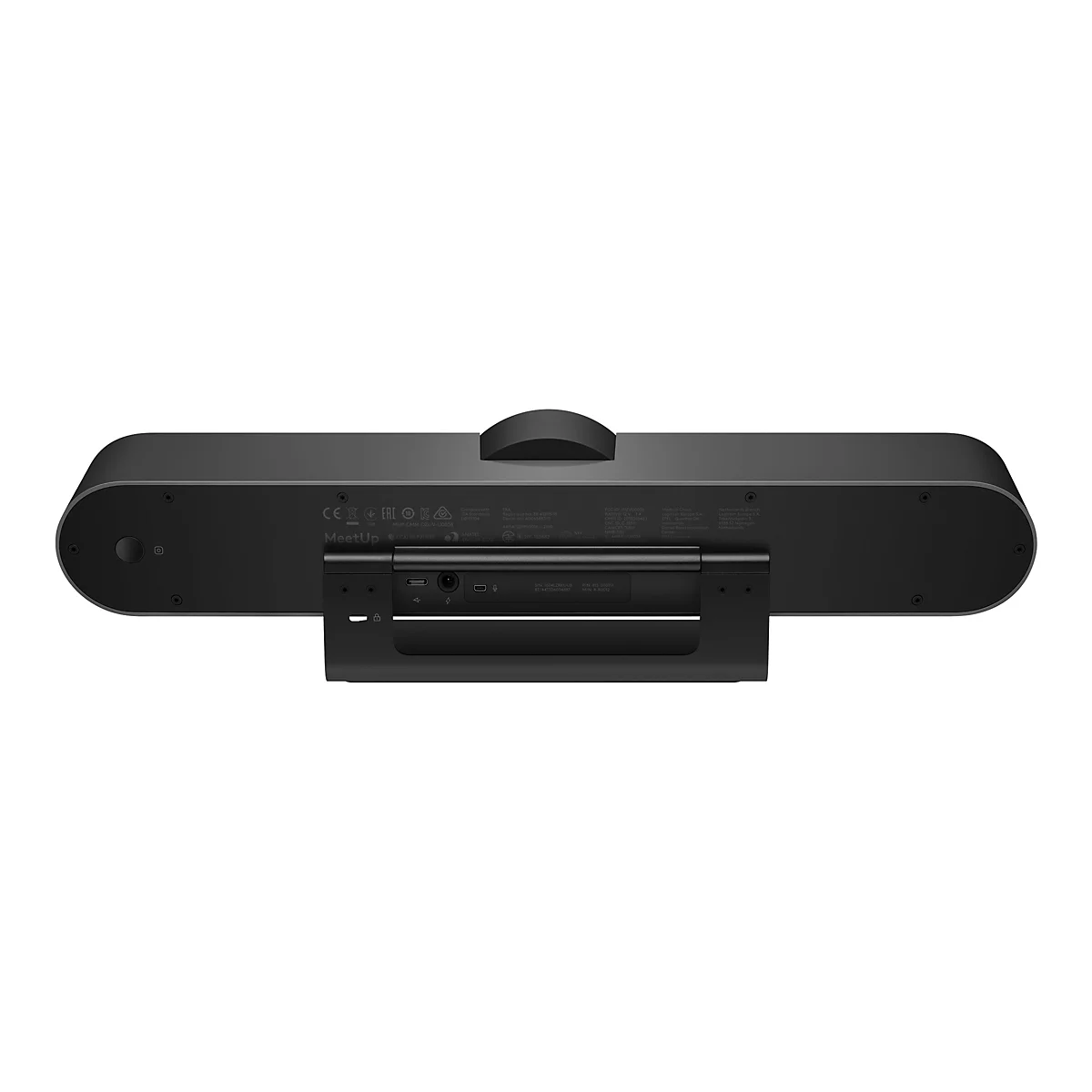 Schwarze Videokonferenz-Soundbar mit eingebautem Mikrofon und Kamera. Auf der Rückseite befinden sich Anschlüsse und technische Details. Aufsteller.