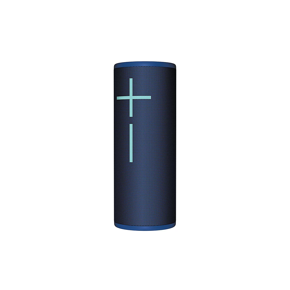 Haut-parleur cylindrique bleu-noir avec un symbole plus-moins turquoise, sur fond blanc.