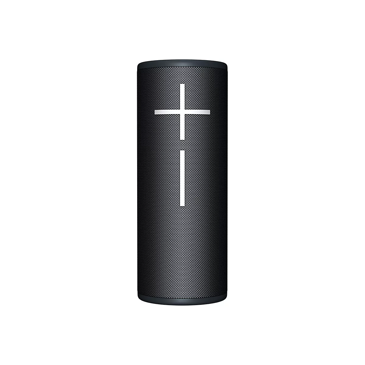 Haut-parleur noir cylindrique avec un signe plus et moins blanc. Surface texturée.