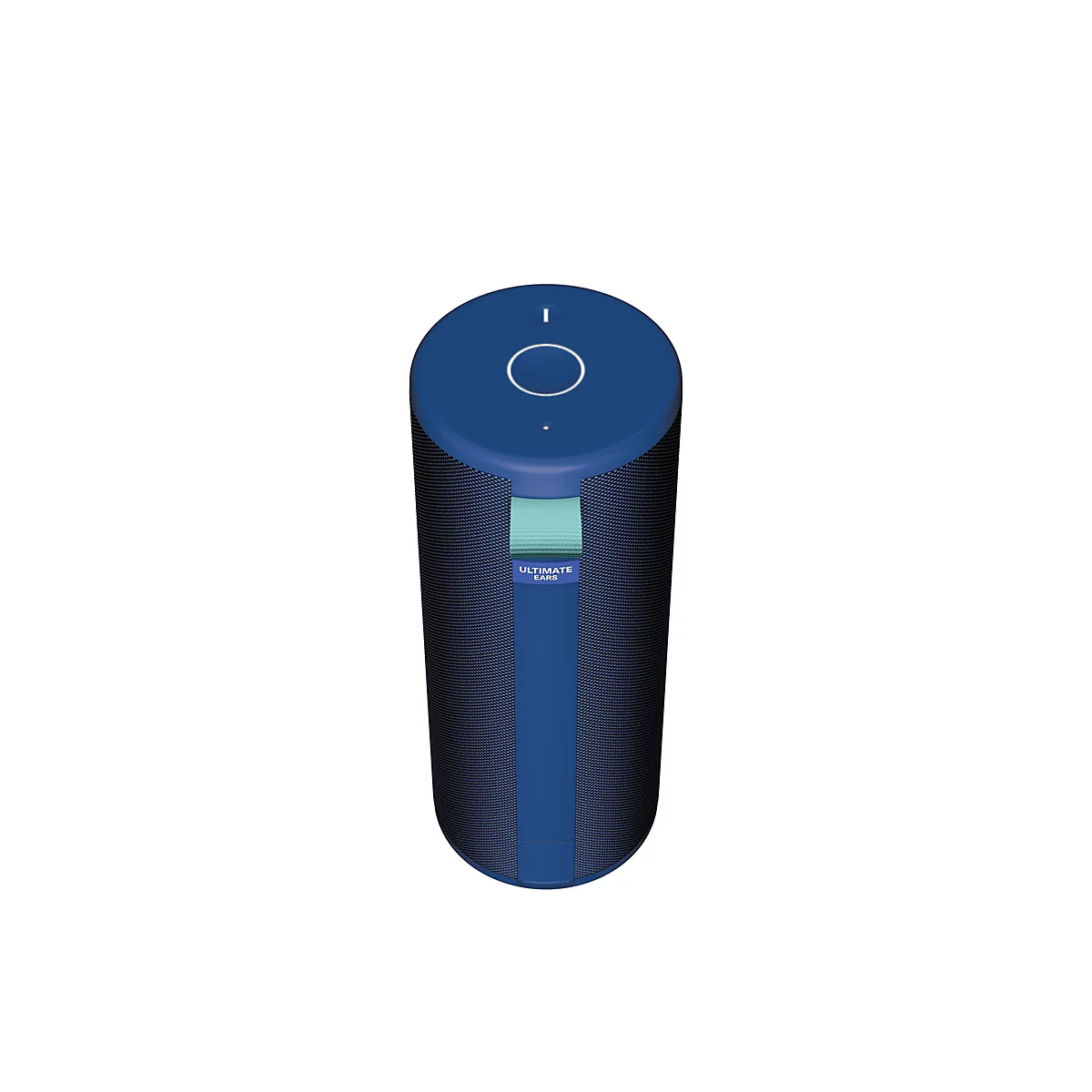 Haut-parleur cylindrique bleu avec un dessus bleu et un panneau de commande avec un cercle blanc. Le haut-parleur a une bande avec les mots "Ultimate Ears".