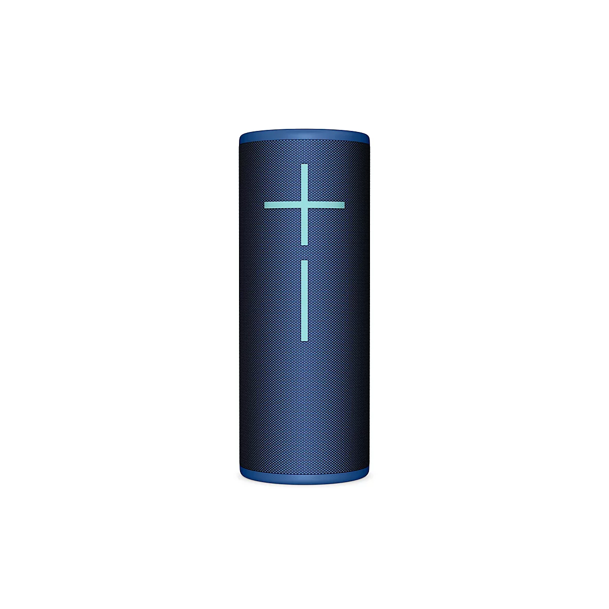 Haut-parleur bleu cylindrique avec une croix et une ligne bleu clair sur fond blanc.