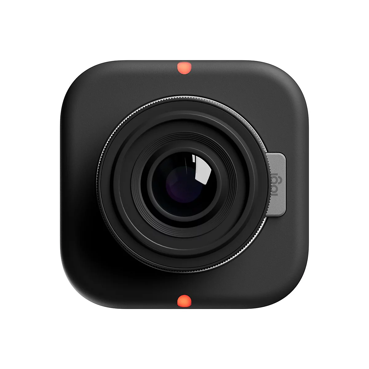 Schwarze quadratische Webcam mit zentraler Linse und zwei leuchtenden roten Status-LEDs oben und unten.