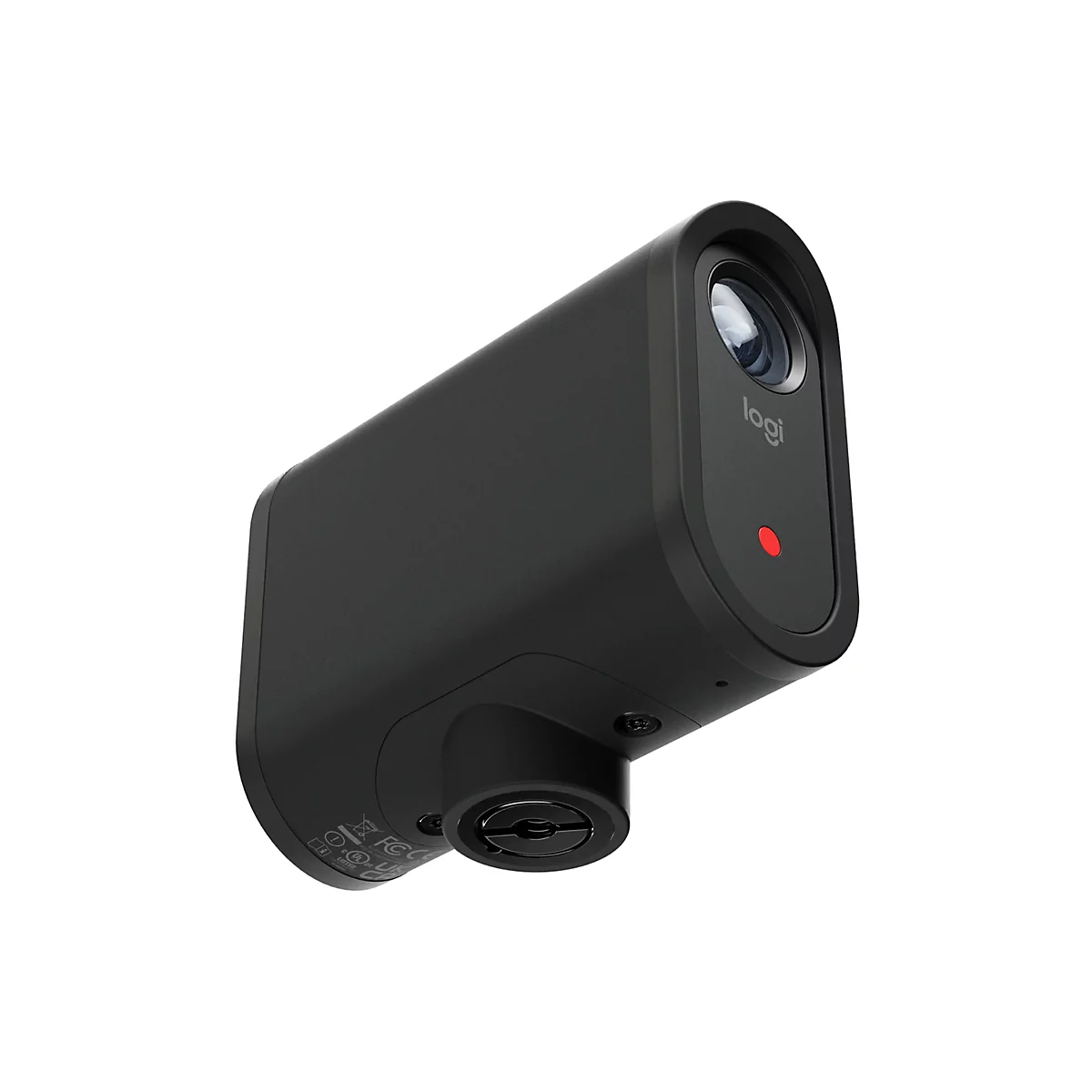 Schwarze Logi Überwachungskamera im Profil mit roter LED-Anzeige vor weißem Hintergrund.