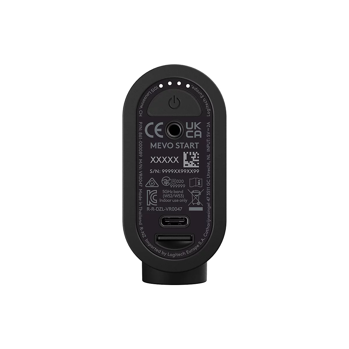 Rückseite der Mevo Start Kamera mit Anschlüssen, Power-Button und verschiedenen regulatorischen Informationen.