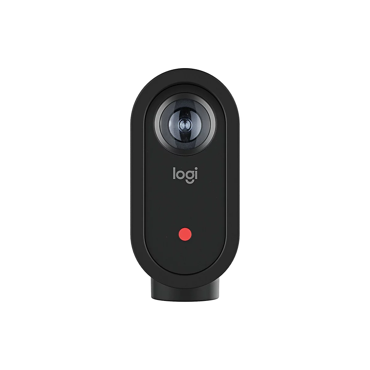 Schwarze Logi-Webcam mit zentraler Linse und einem kleinen roten Punkt unten auf neutralem Hintergrund.