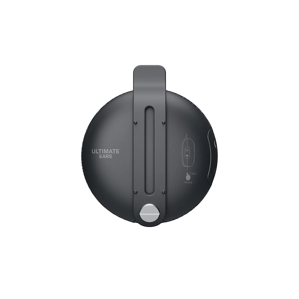 Vue de dessus d'un haut-parleur noir avec poignée de transport et commandes, marque Ultimate Ears.