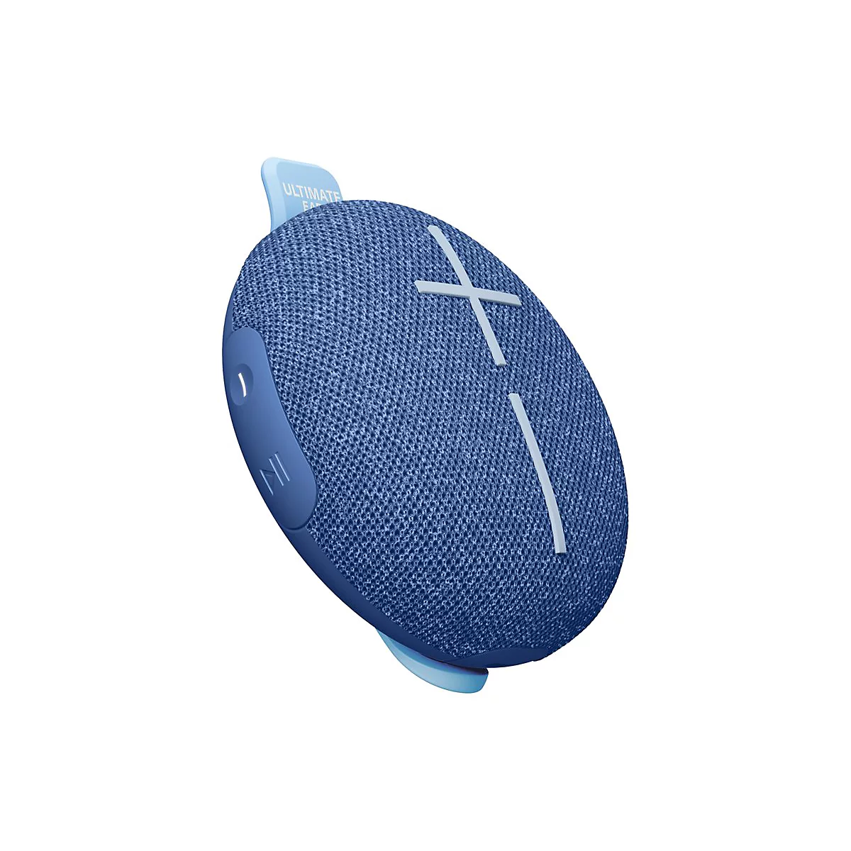 Blaues, ovales Lautsprecher-Design. Ein weißes Kreuz ziert die Oberfläche, an der Oberseite ein Band mit der Aufschrift "ULTIMATE EARS".