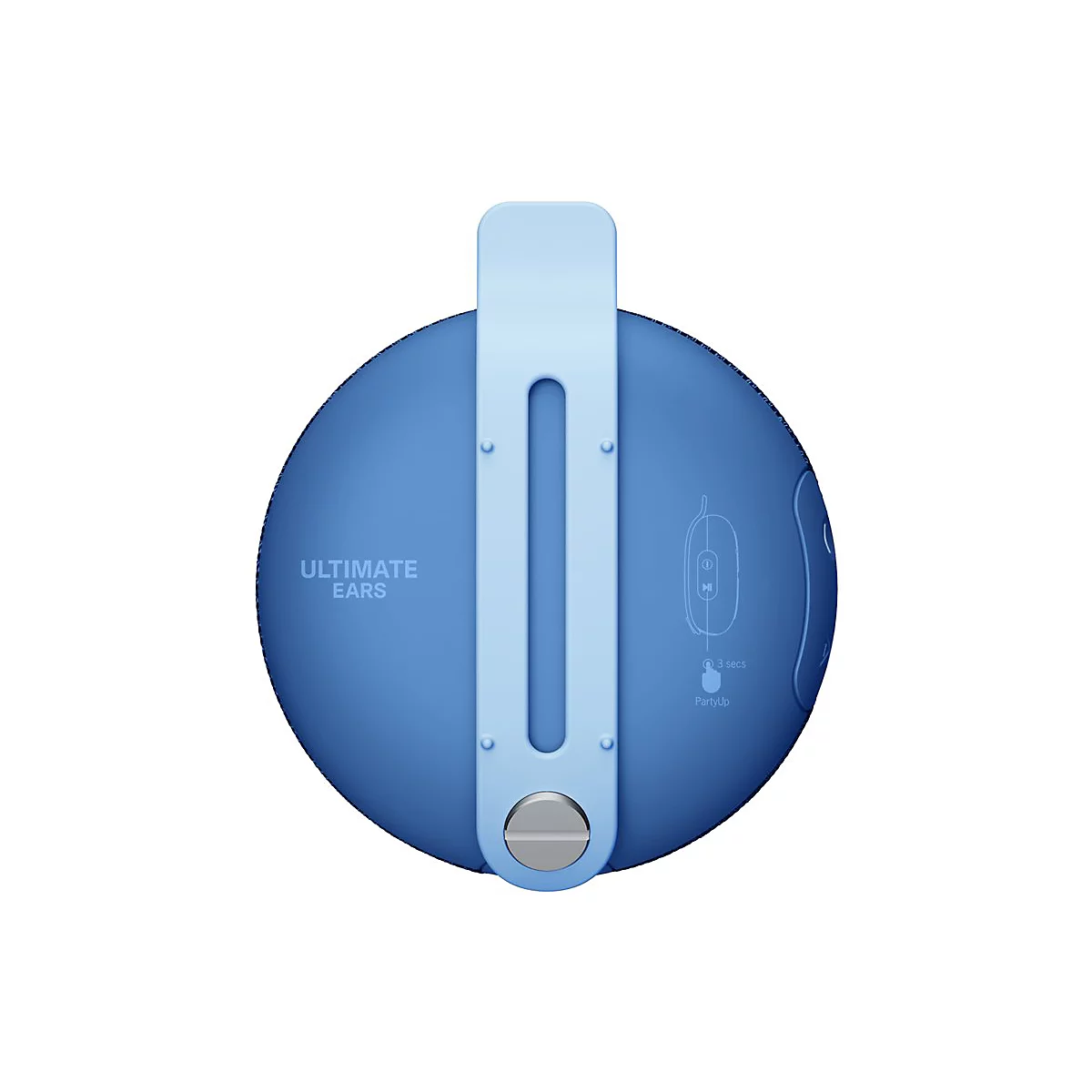 Hellblaues, rundes Gerät mit hellblauem Bügel und Knopf. Aufschrift: Ultimate Ears, PartyUp.