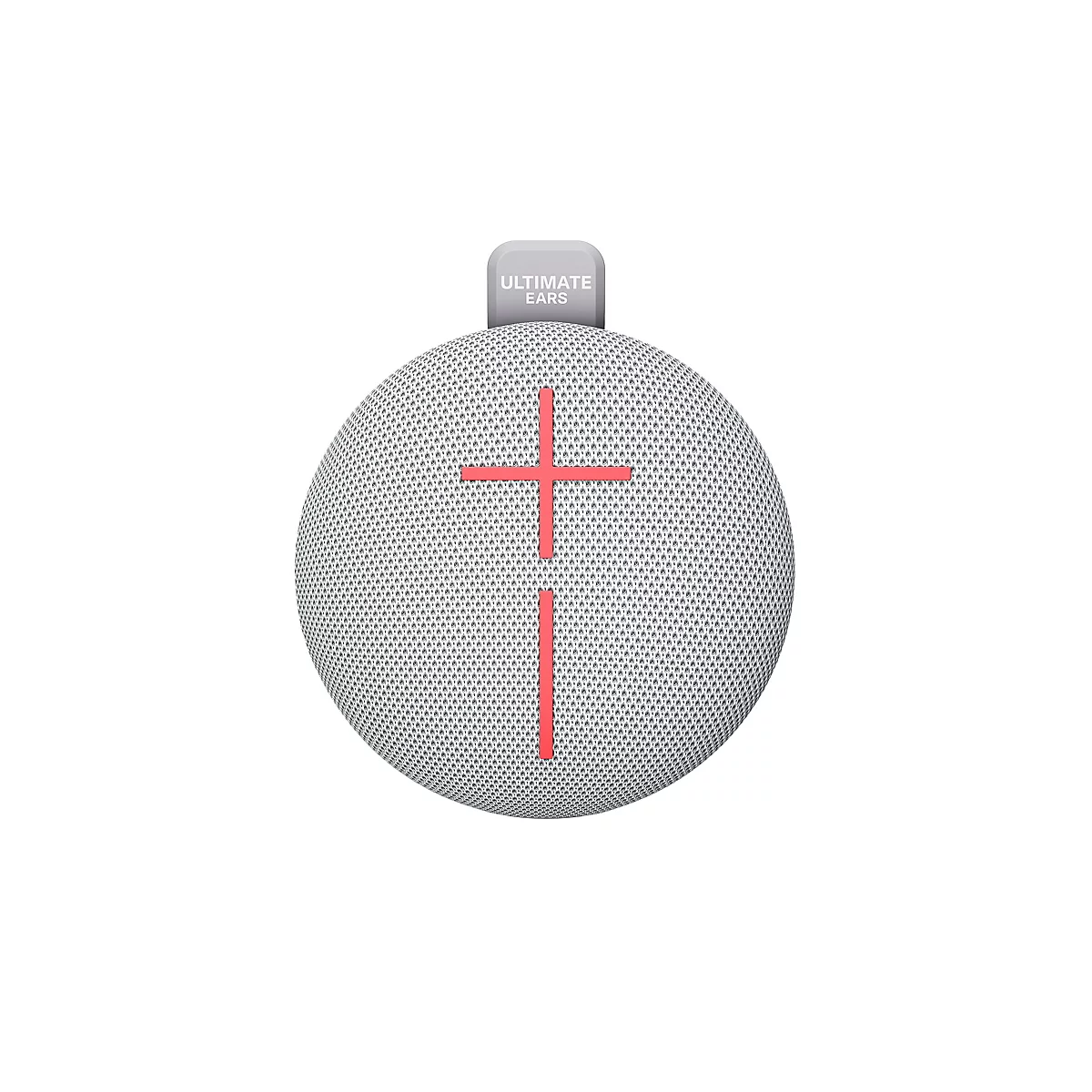 Haut-parleur bluetooth gris clair avec une croix rouge. Le haut indique "ULTIMATE EARS".