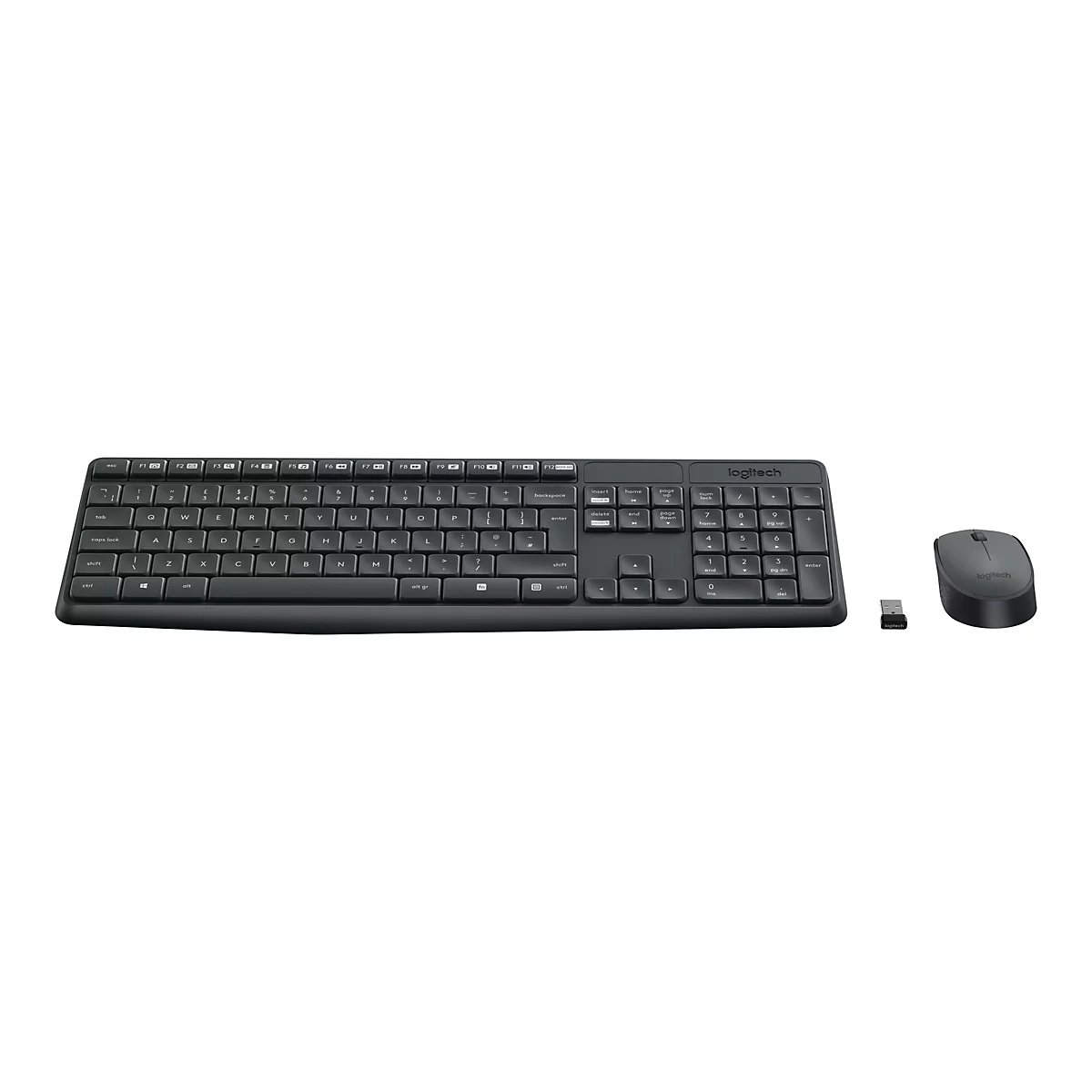Drahtlose Tastatur und Maus-Set von Logitech in Schwarz. Die Tastatur hat ein klassisches Layout, eine separate Zifferntastatur und Funktionstasten.