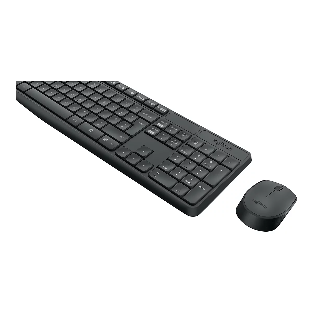 Draufsicht auf eine kabellose Logitech-Tastatur und -Maus auf weißem Hintergrund. Die Tastatur ist dunkelgrau, die Maus schwarz.