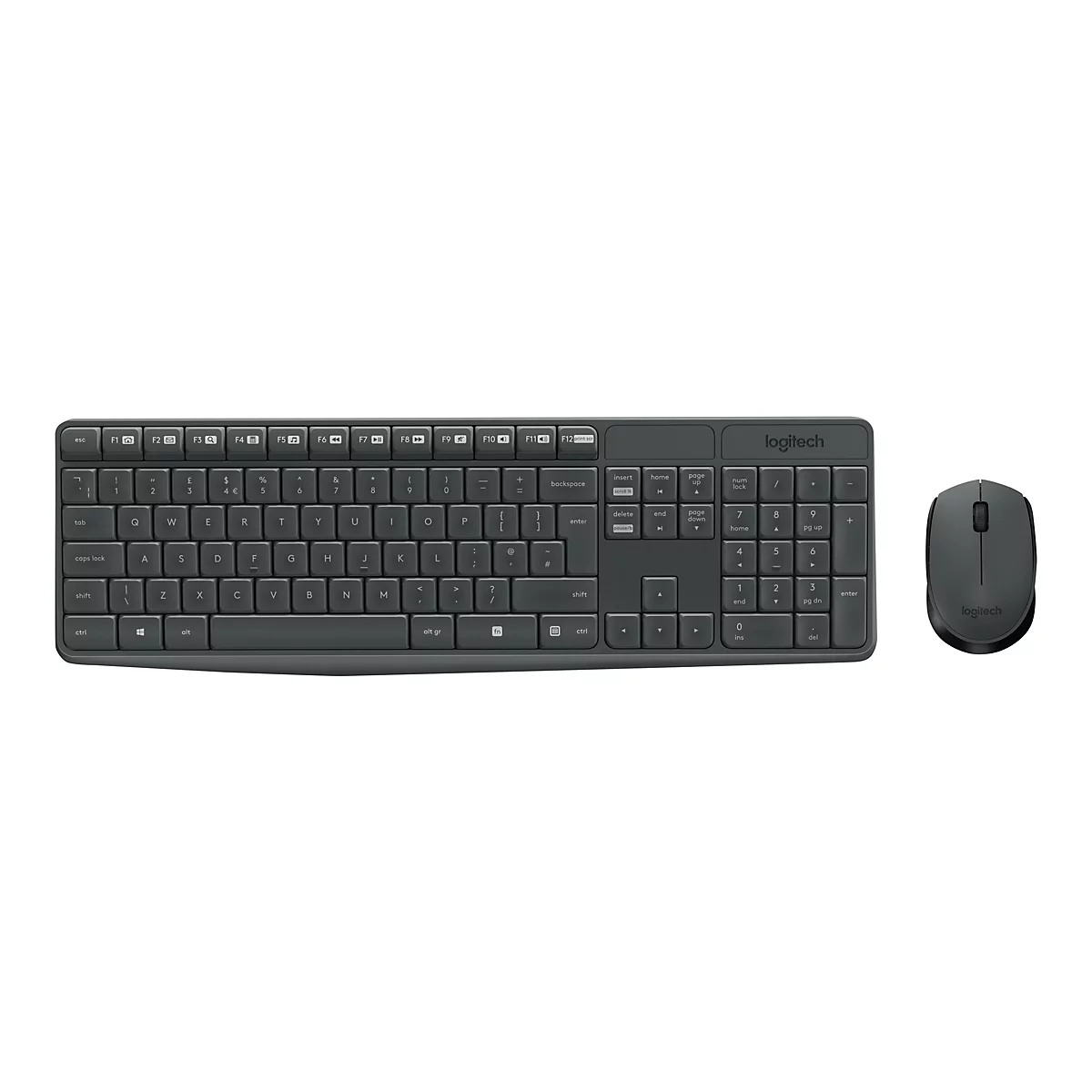 Draufsicht auf ein graues Logitech-Tastatur- und Maus-Set auf weißem Hintergrund. Die Tastatur hat eine rechteckige Form, mit Tasten in verschiedenen Größen und Formen. Die Maus ist kompakt und ergonomisch gestaltet. Beide Geräte tragen das Logitech-Logo.