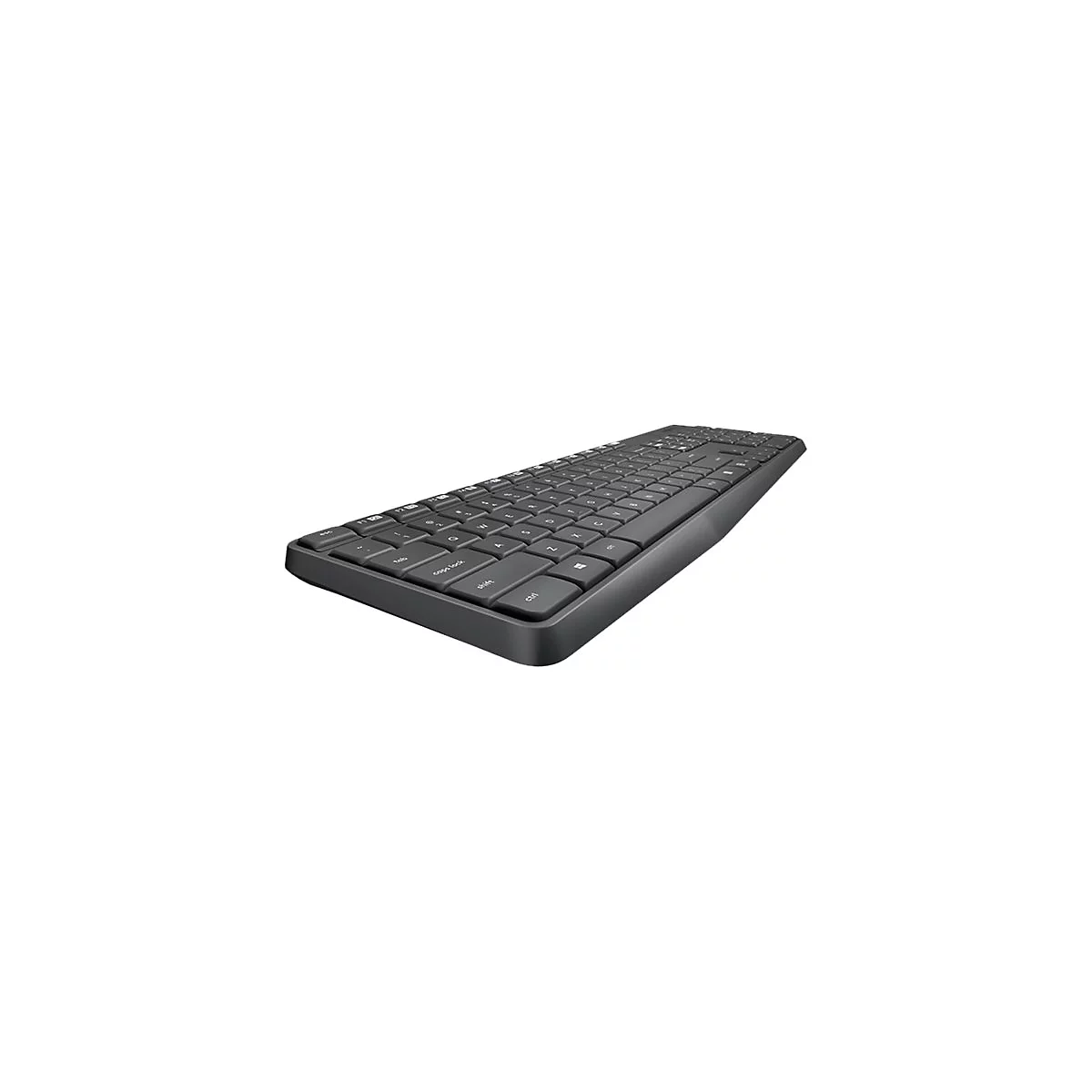 Schwarze, flache Computertastatur in perspektivischer Ansicht vor weißem Hintergrund.