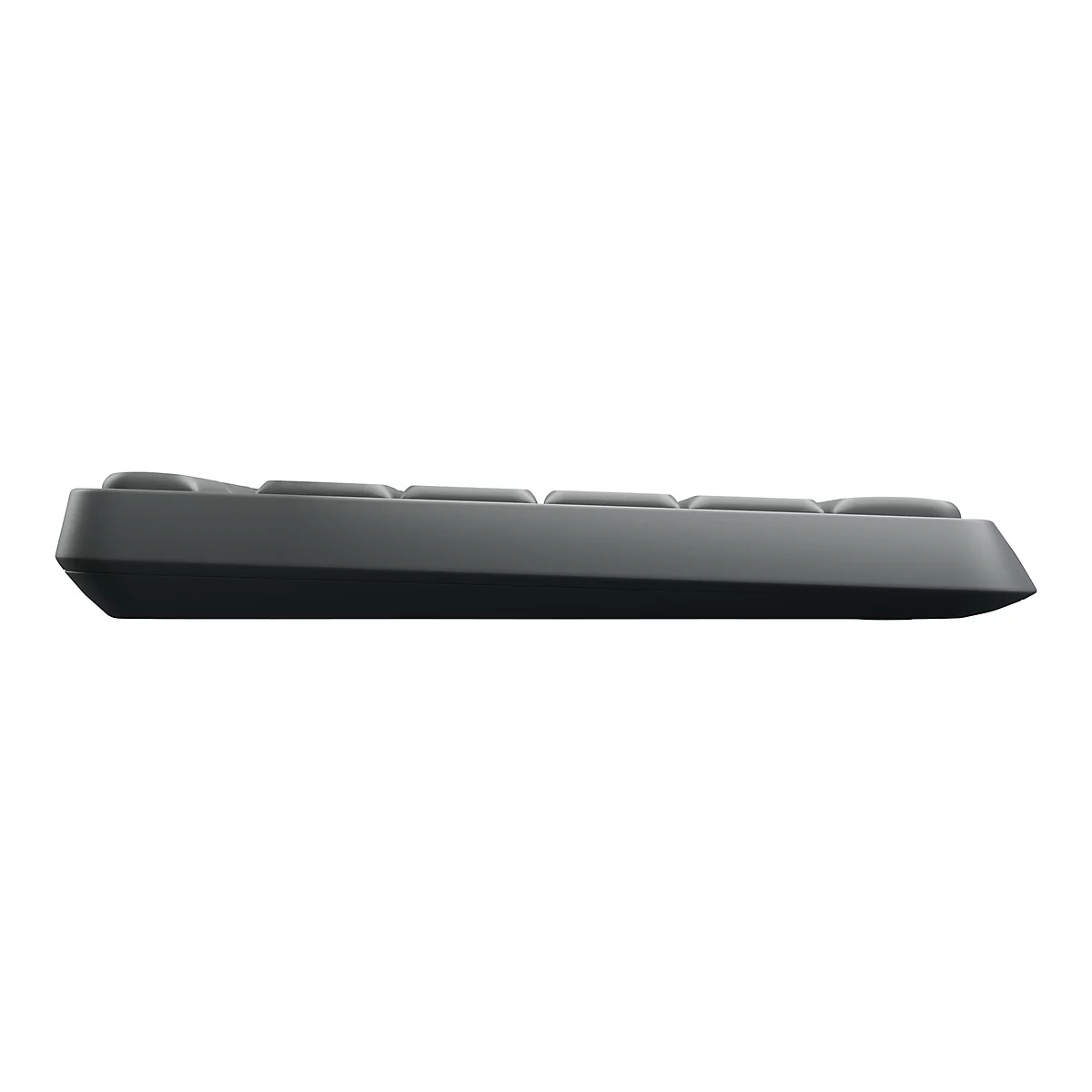 Draufsicht auf eine schwarze Tastatur, isoliert auf weißem Hintergrund.
