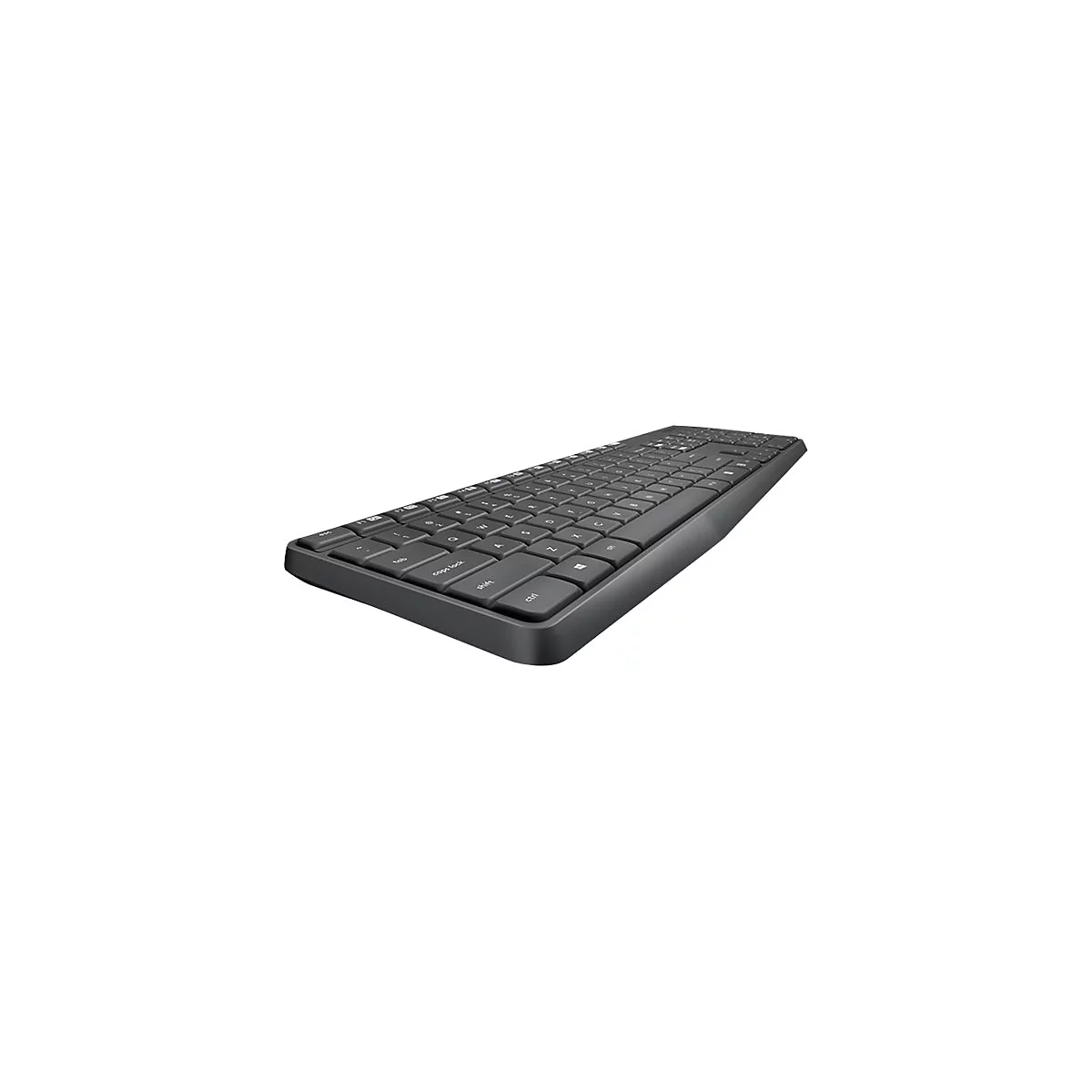 Dunkelgraue Tastatur, leicht von der Seite. Tasten mit Beschriftungen.