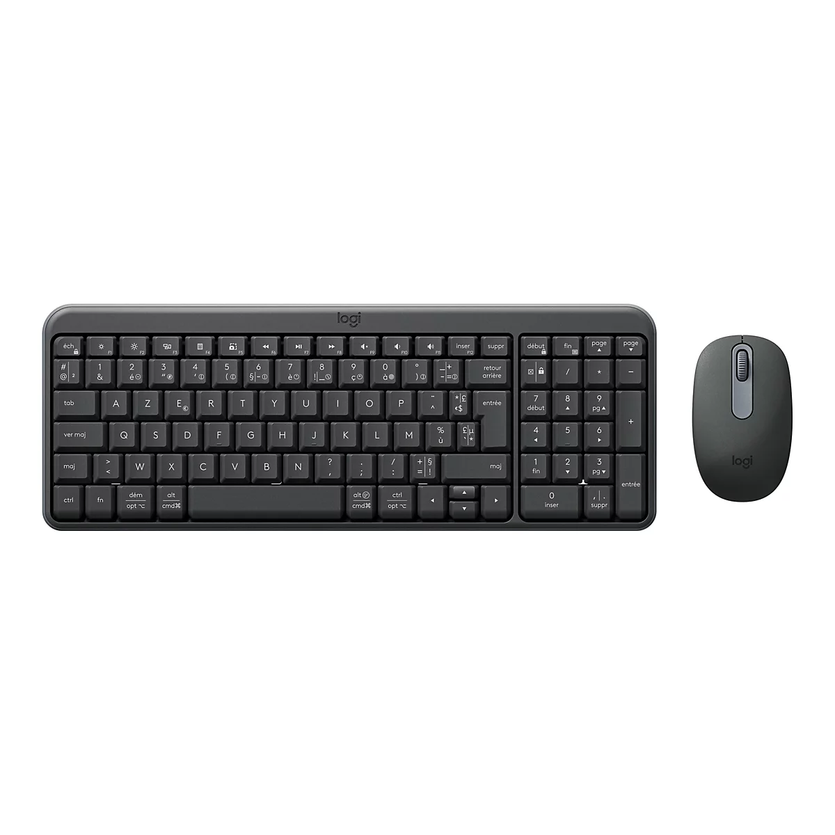 Dunkelgraue Logitech-Tastatur und Maus, drahtlos, auf weißem Hintergrund. Tastatur mit französischen Beschriftungen.