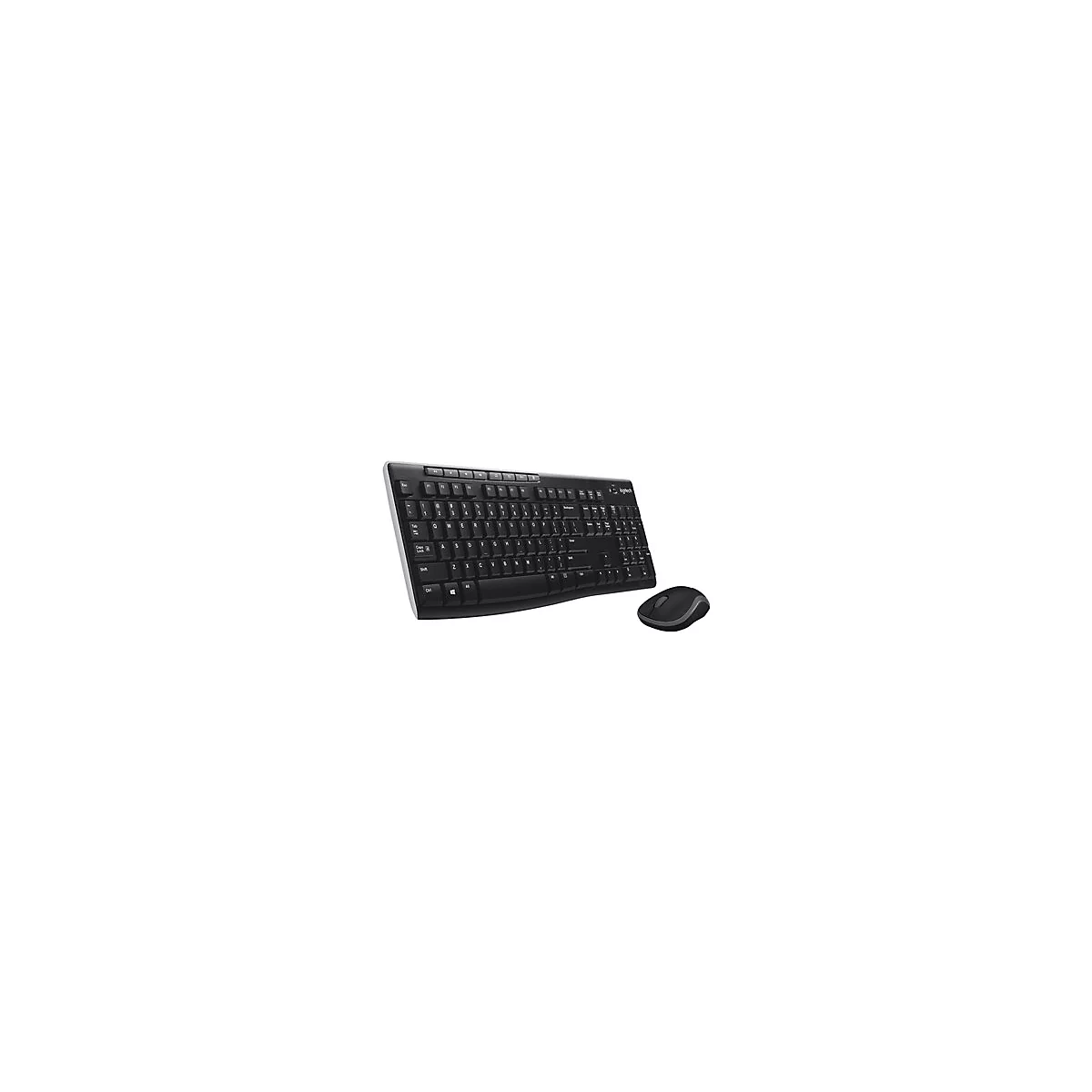 Schwarze Tastatur und Maus, Logitech. Auf weiÃŸem Hintergrund.