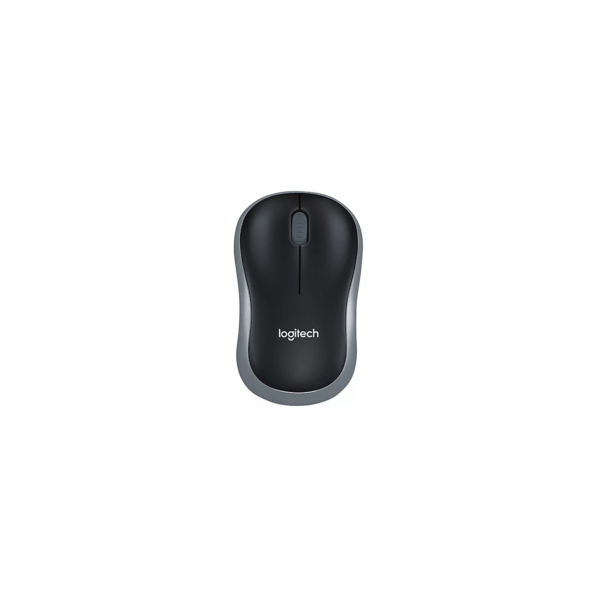 Drahtlose Maus, schwarz mit grauer Umrandung, Rollrad und Logitech-Logo.