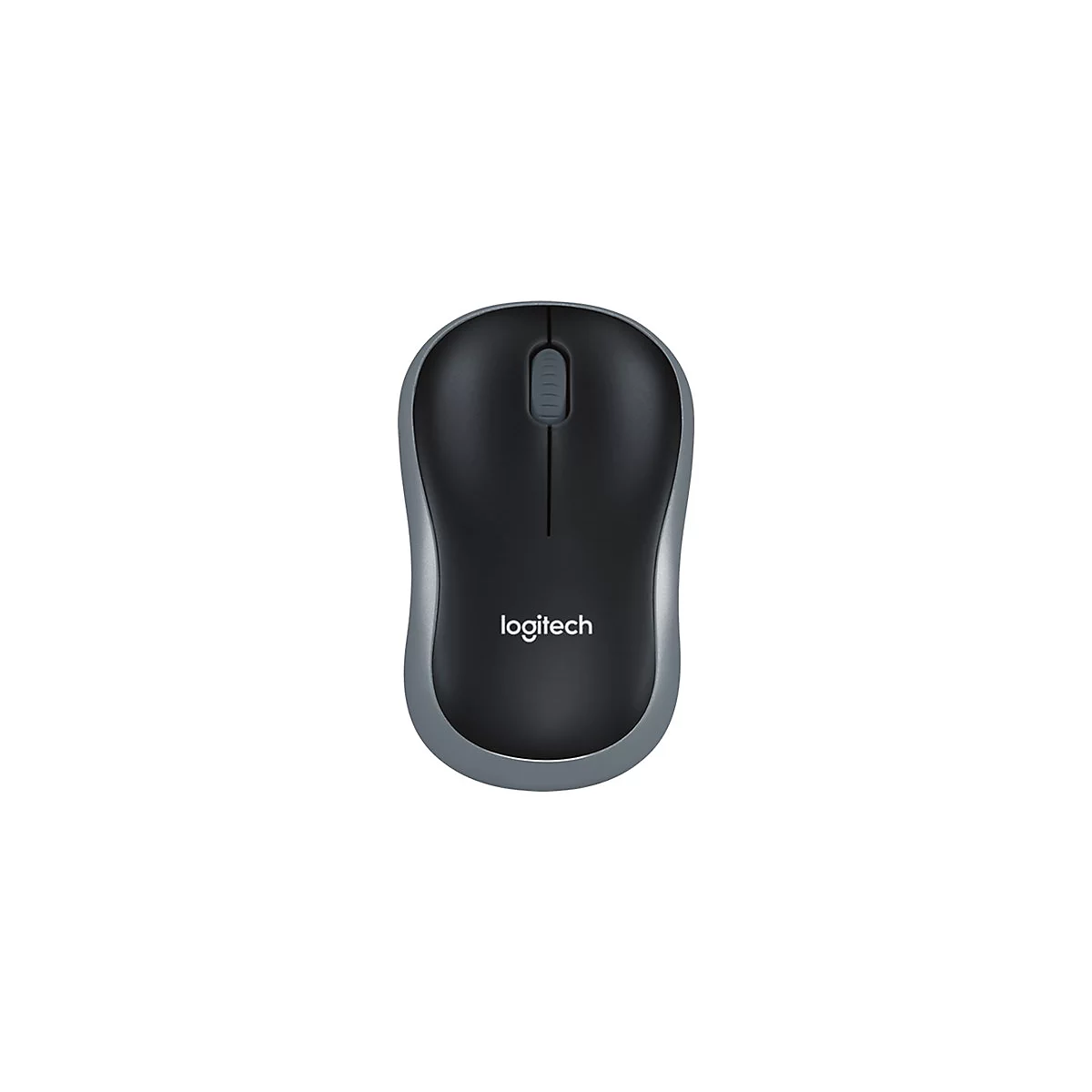Draufsicht auf eine kabellose Logitech-Maus in Schwarz und Grau. Logitech-Logo unten rechts.