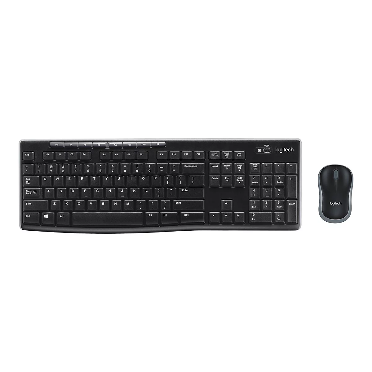 Schwarze Tastatur und Maus-Set vor weißem Hintergrund. Auf der Tastatur befinden sich Buchstaben, Zahlen und Funktionstasten. Auf der Maus ist das Logitech-Logo zu sehen.