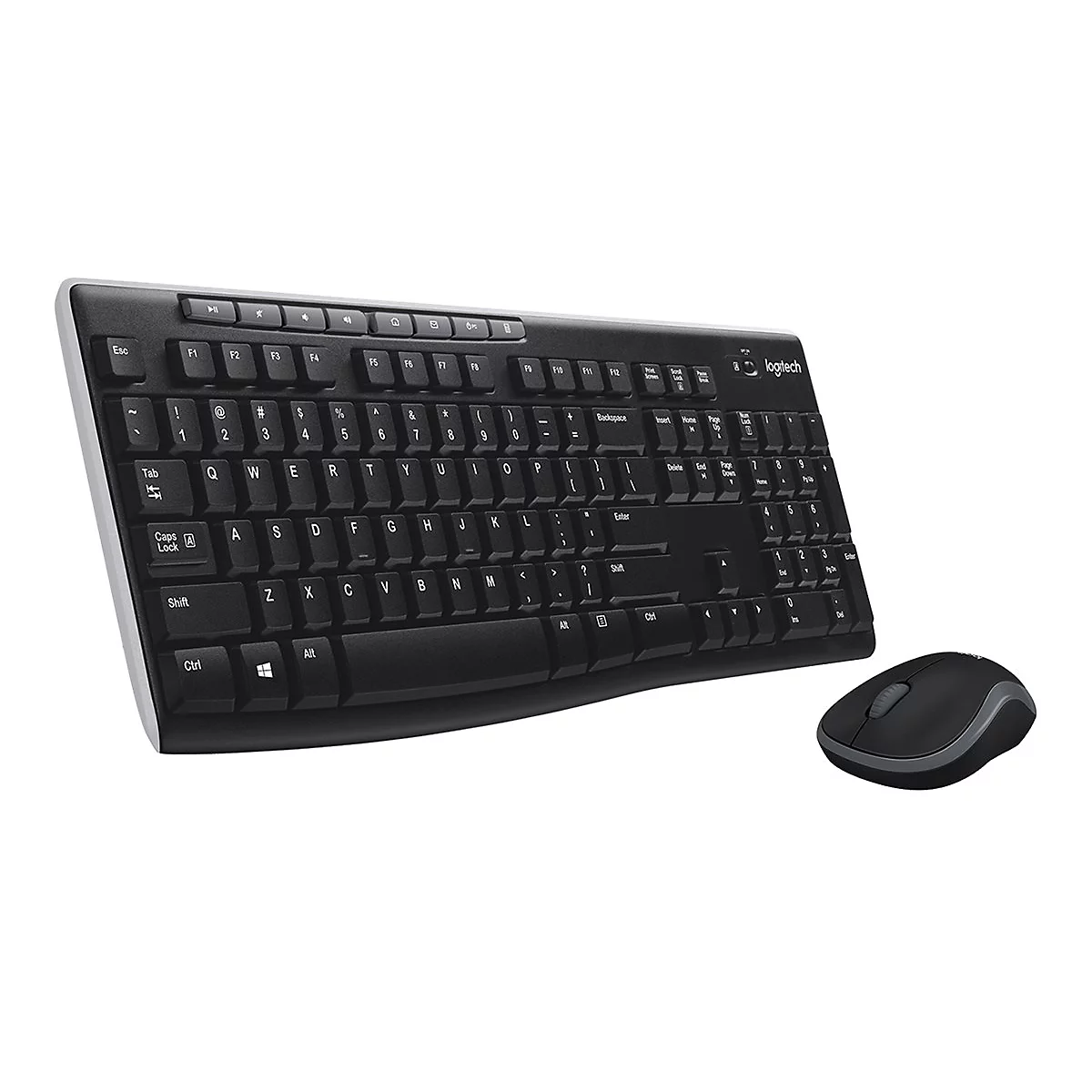 Schwarze Logitech-Tastatur und Maus. Die Tastatur ist leicht gewölbt und hat eine Standardtastenanordnung. Die Maus liegt daneben.