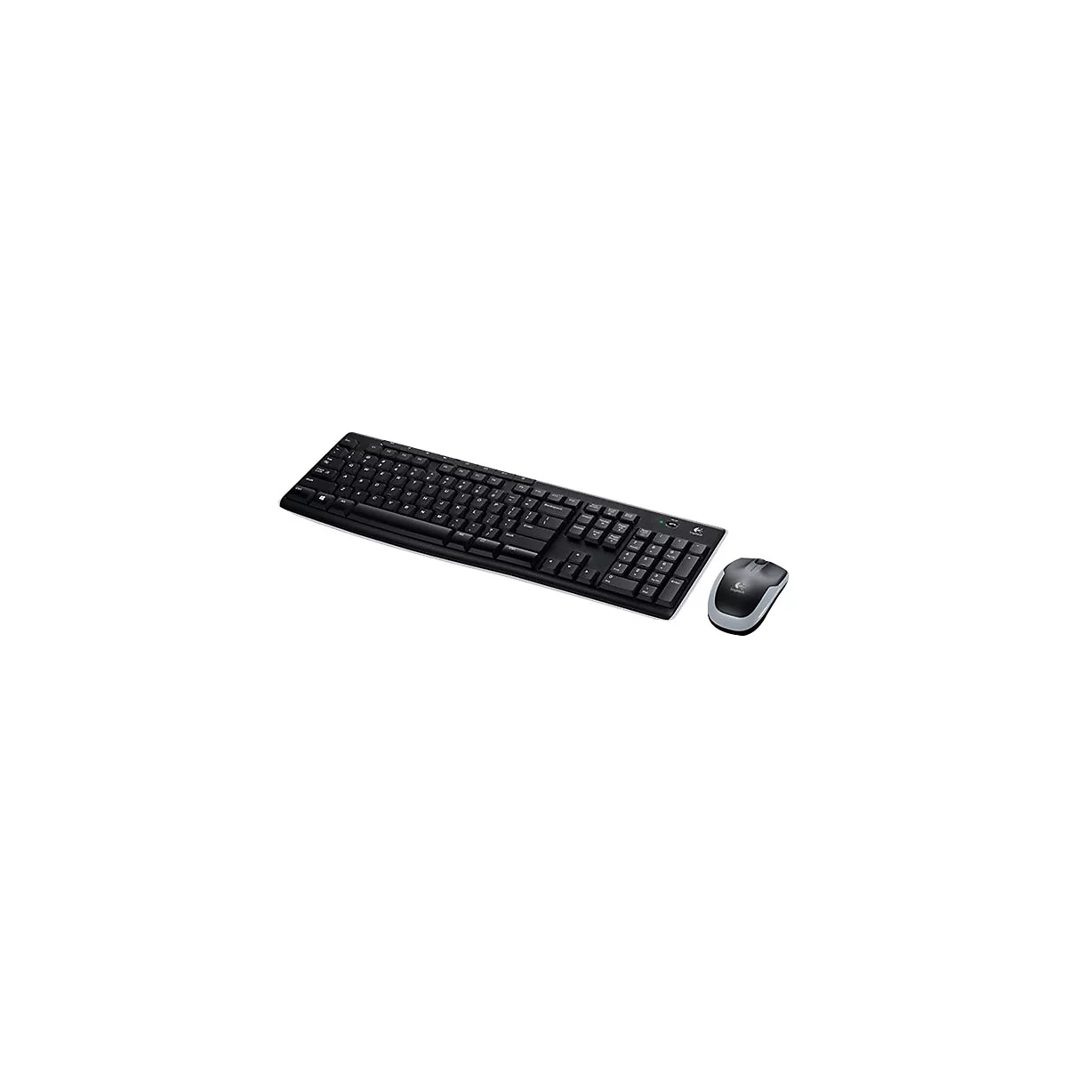 Schwarzes Logitech-Tastatur-Maus-Set auf weißem Hintergrund.