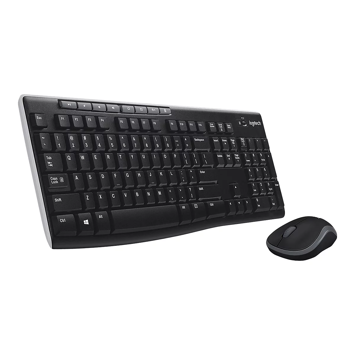 Schwarzes kabelloses Logitech Tastatur-Maus-Set auf weißem Hintergrund.