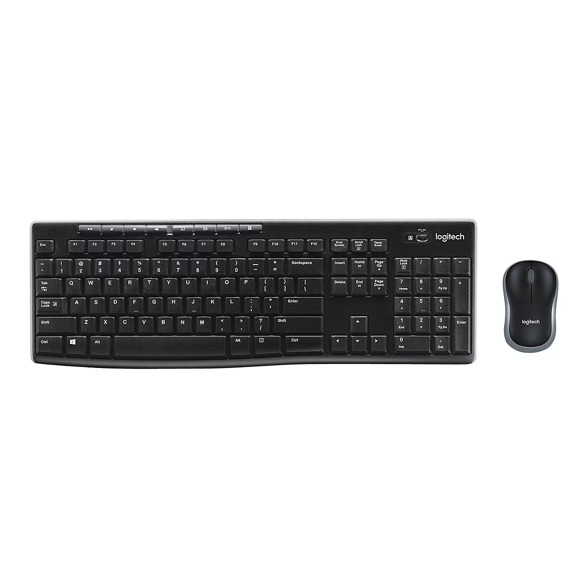 Schwarzes kabelloses Tastatur- und Maus-Set von Logitech vor weißem Hintergrund.