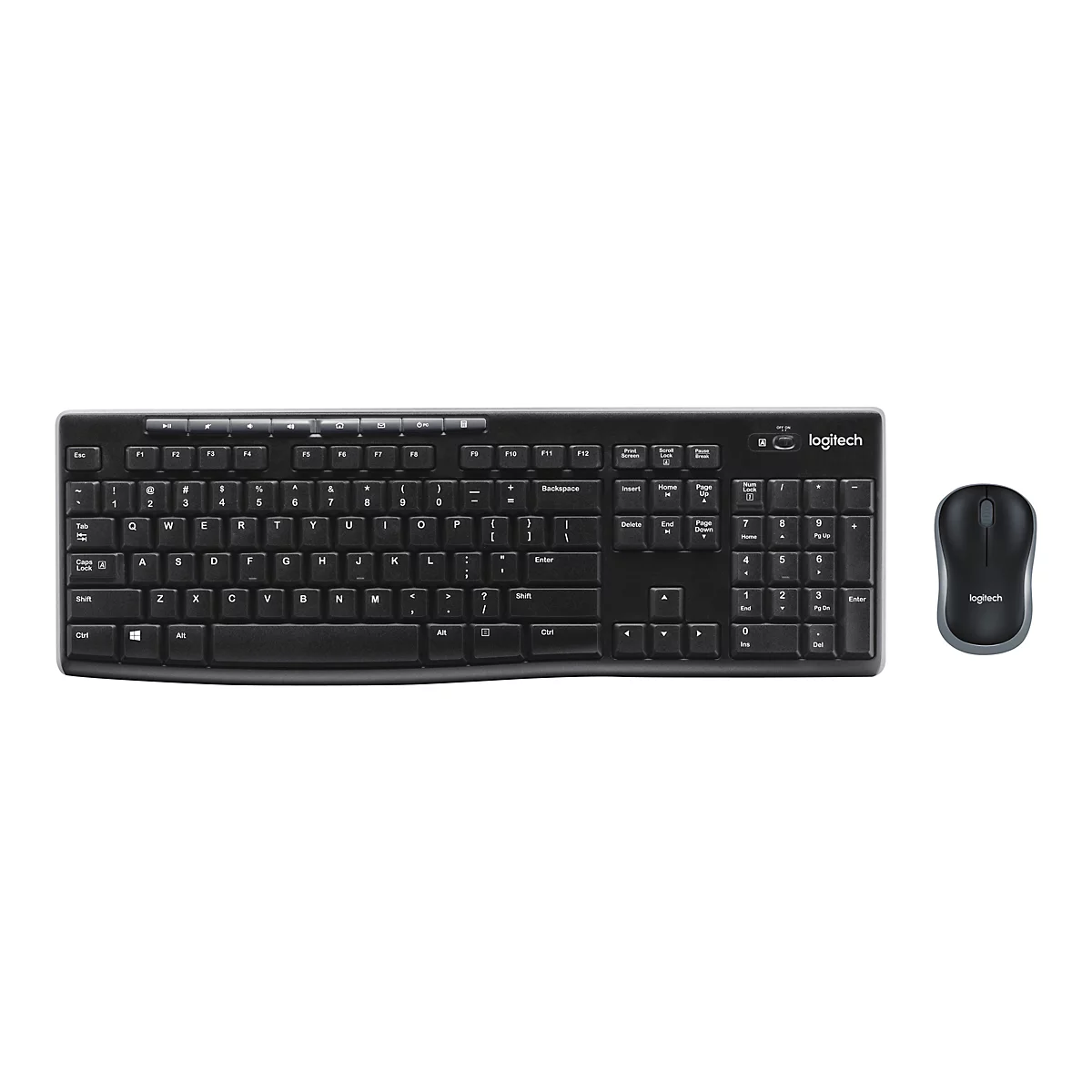 Draufsicht auf ein schwarzes Logitech-Tastatur-Maus-Set. Die Tastatur hat weiße Buchstaben und Symbole und eine separate Tastatur mit Zahlen und Sonderzeichen. Die Maus ist schwarz.