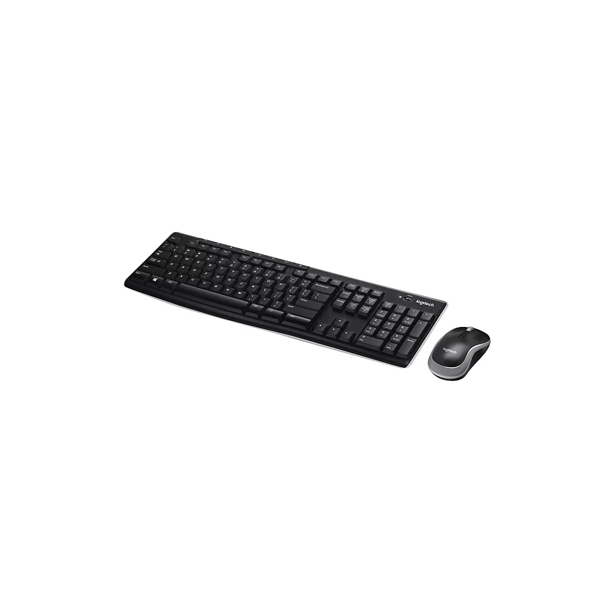 Schwarzes Logitech-Tastatur-Maus-Set auf weißem Hintergrund.