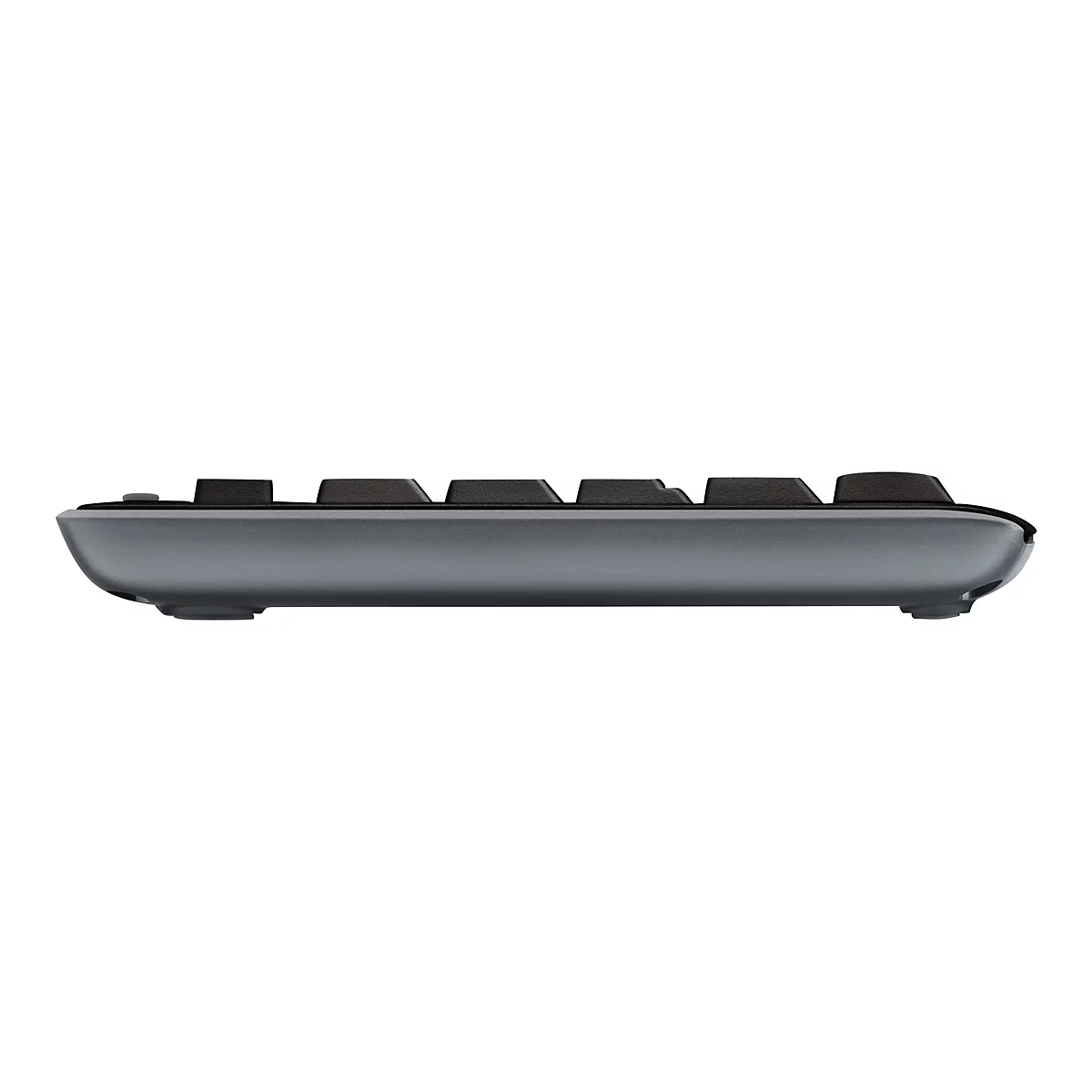 Seitenansicht einer Tastatur. Schwarze Tasten auf grauem Gehäuse. Unten befinden sich vier Füße.