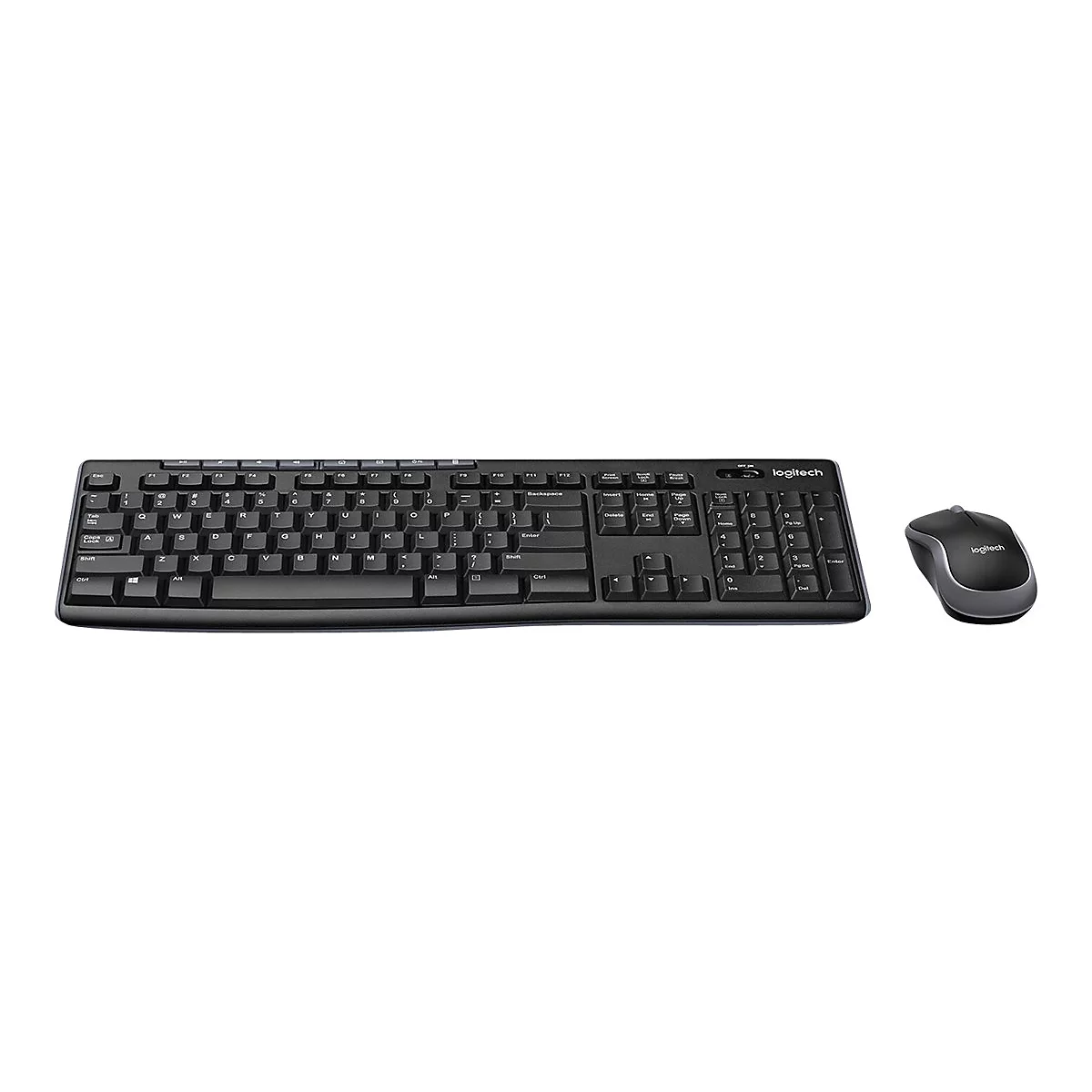 Schwarzes Logitech-Tastatur- und Maus-Set, vor weißem Hintergrund. Die Tastatur hat ein Standard-QWERTZ-Layout, die Maus ist ergonomisch geformt.
