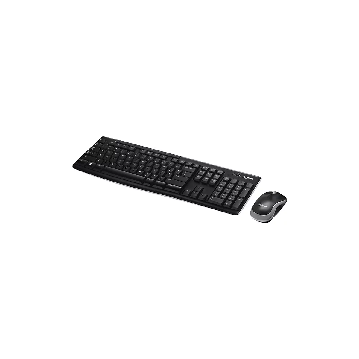 Schwarze Logitech Tastatur und Maus auf weißem Hintergrund.